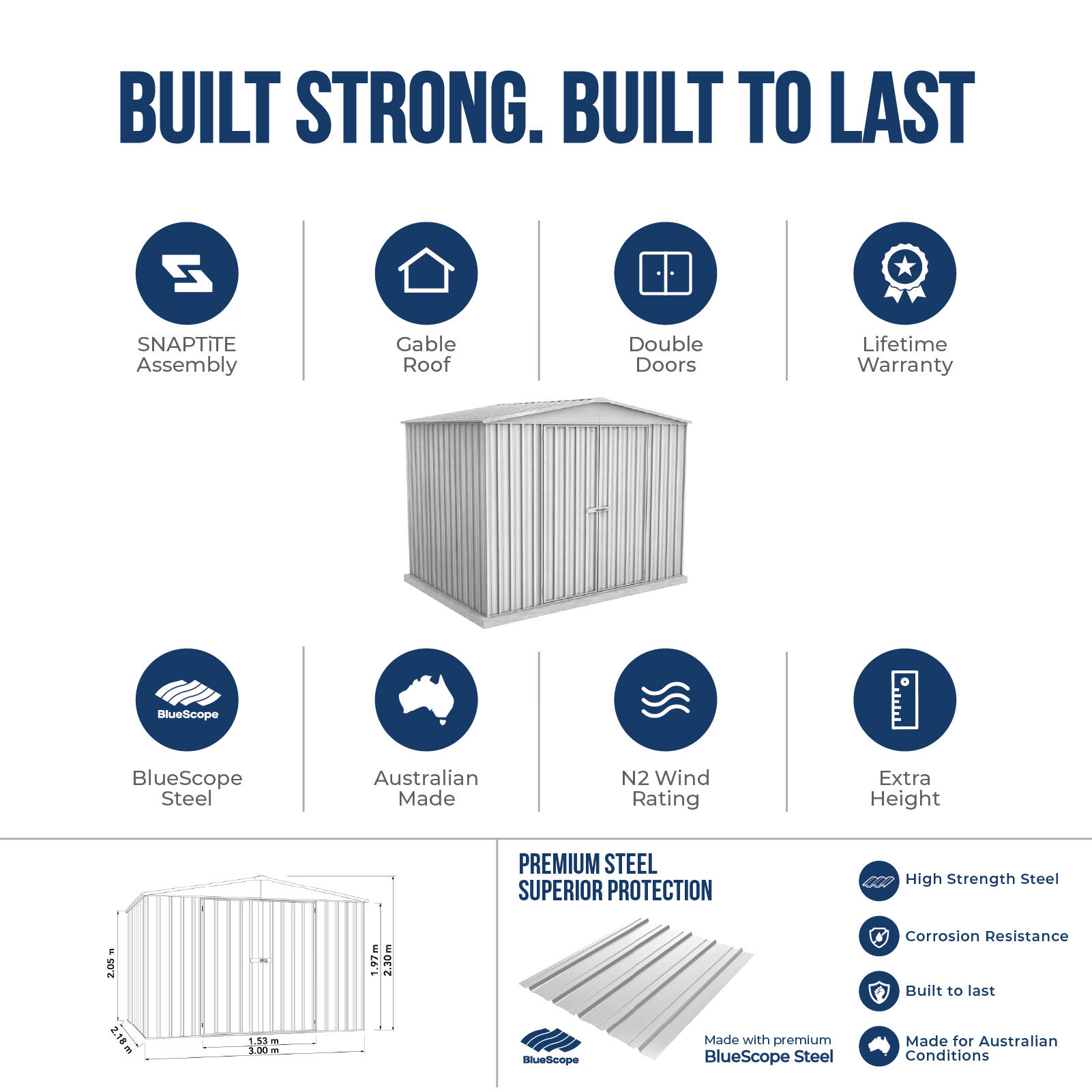 3.00mW x 2.18mD x 2.30mH Garden Shed Highlander Double Door Zincalume