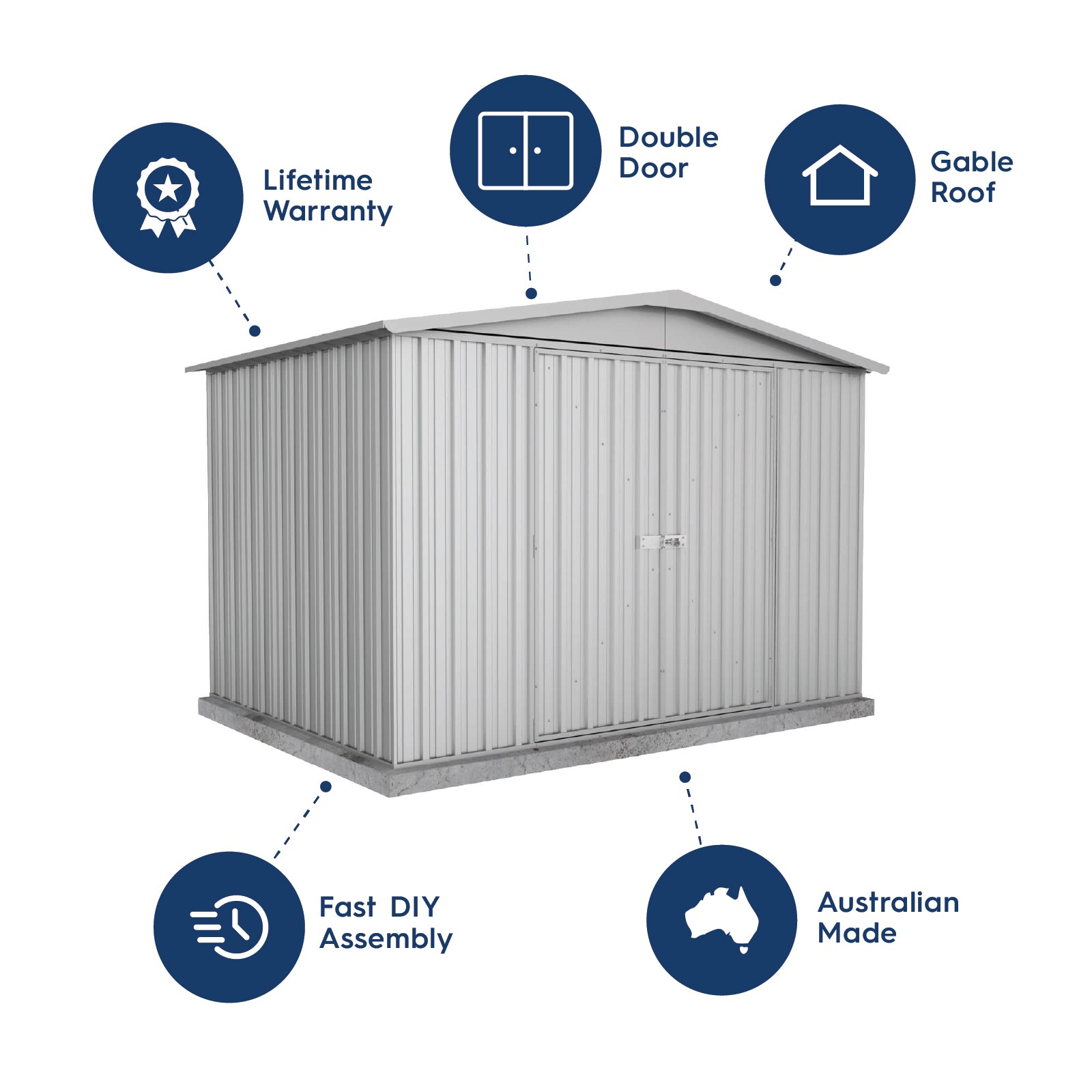 3.00mW x 2.18mD x 2.06mH Garden Shed Regent Double Door Zincalume