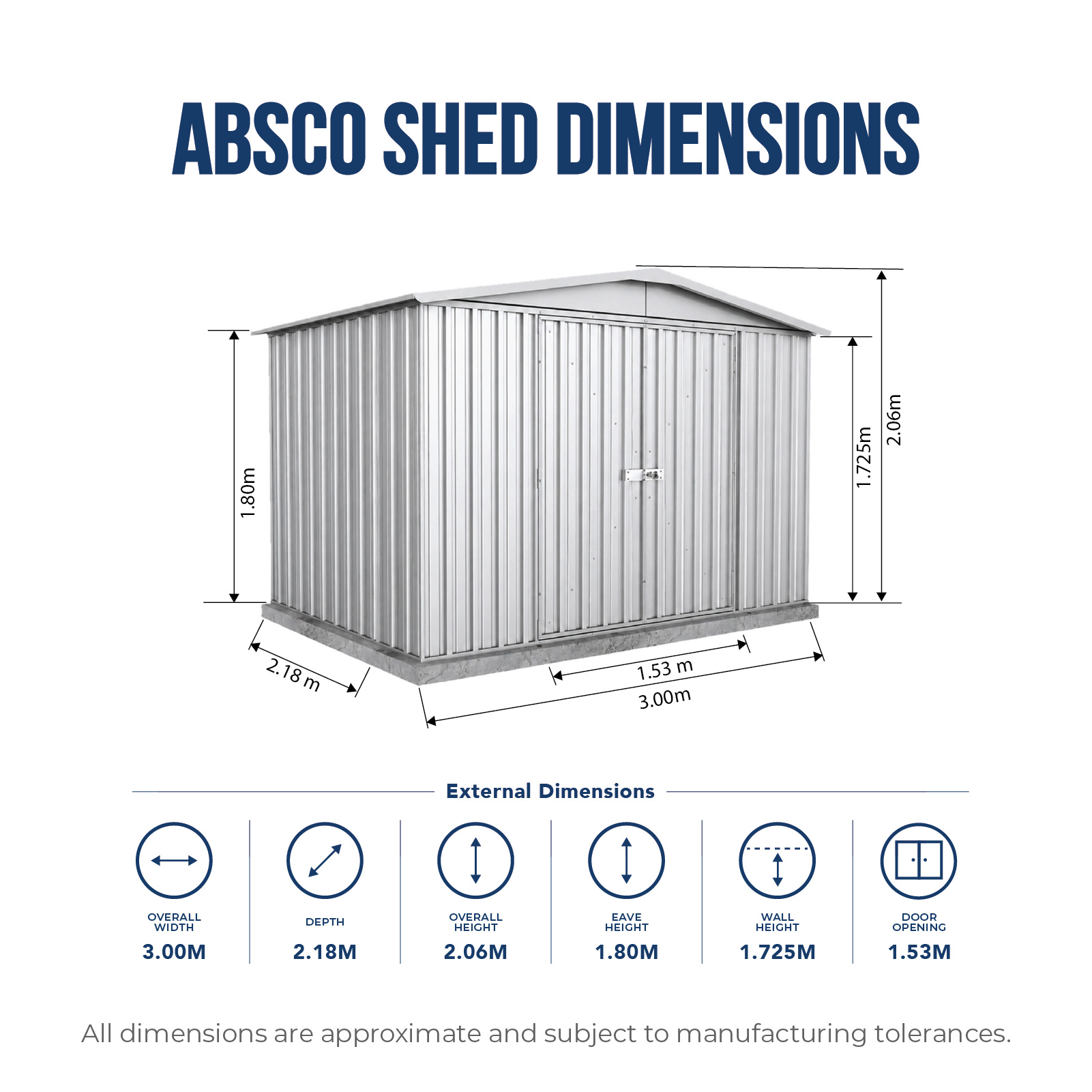 3.00mW x 2.18mD x 2.06mH Garden Shed Regent Double Door Zincalume
