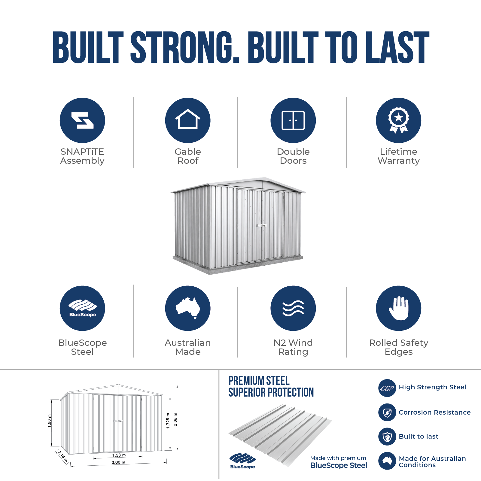 3.00mW x 2.18mD x 2.06mH Garden Shed Regent Double Door Zincalume