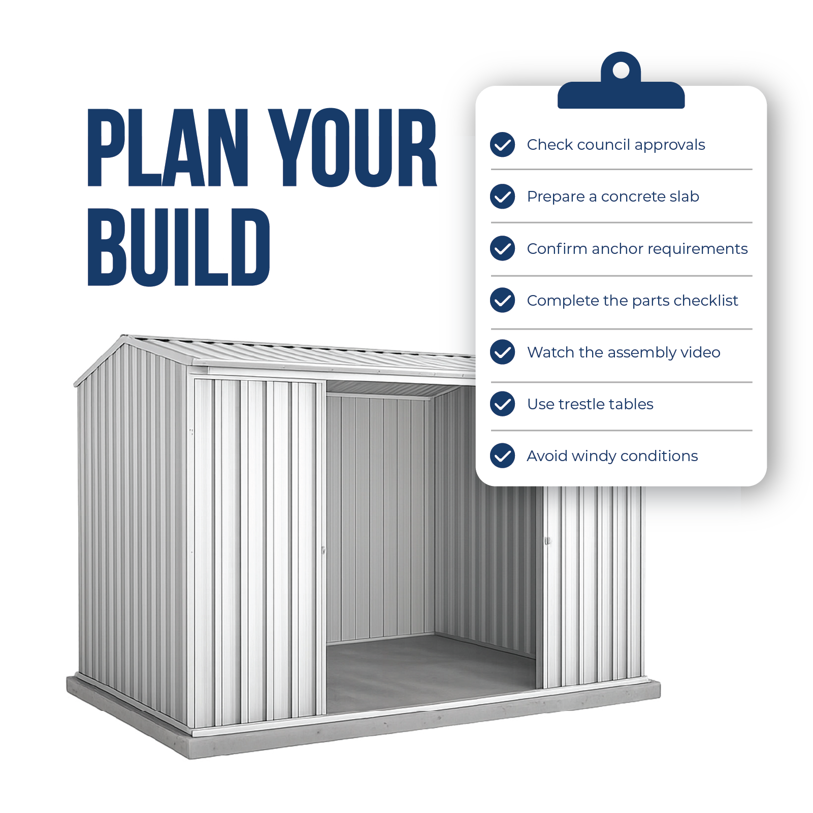 3.00mW x 2.26mD x 2.00mH Garden Shed Ezislider Double Door Zincalume