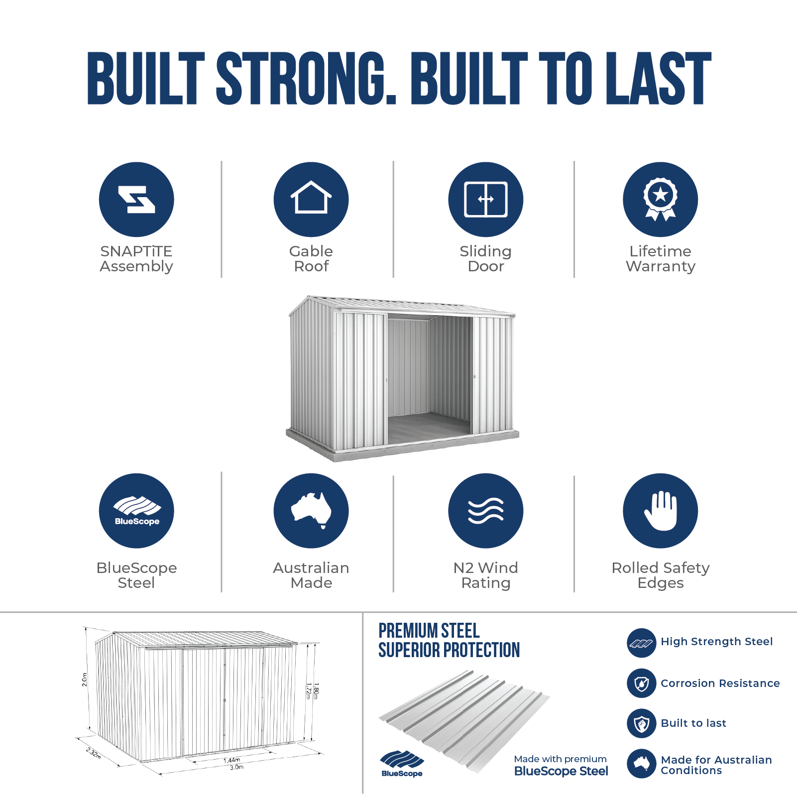 3.00mW x 2.26mD x 2.00mH Garden Shed Ezislider Double Door Zincalume