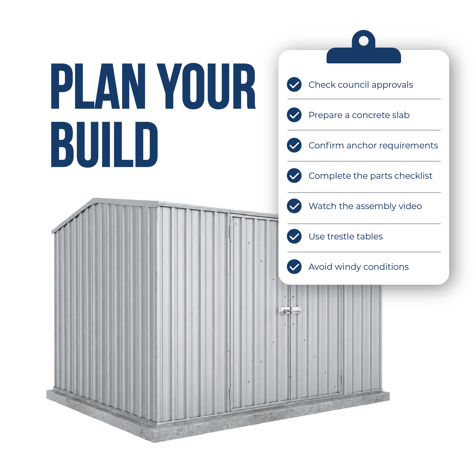 3.00mW x 2.26mD x 2.00mH Garden Shed Double Door Zincalume with Anchors