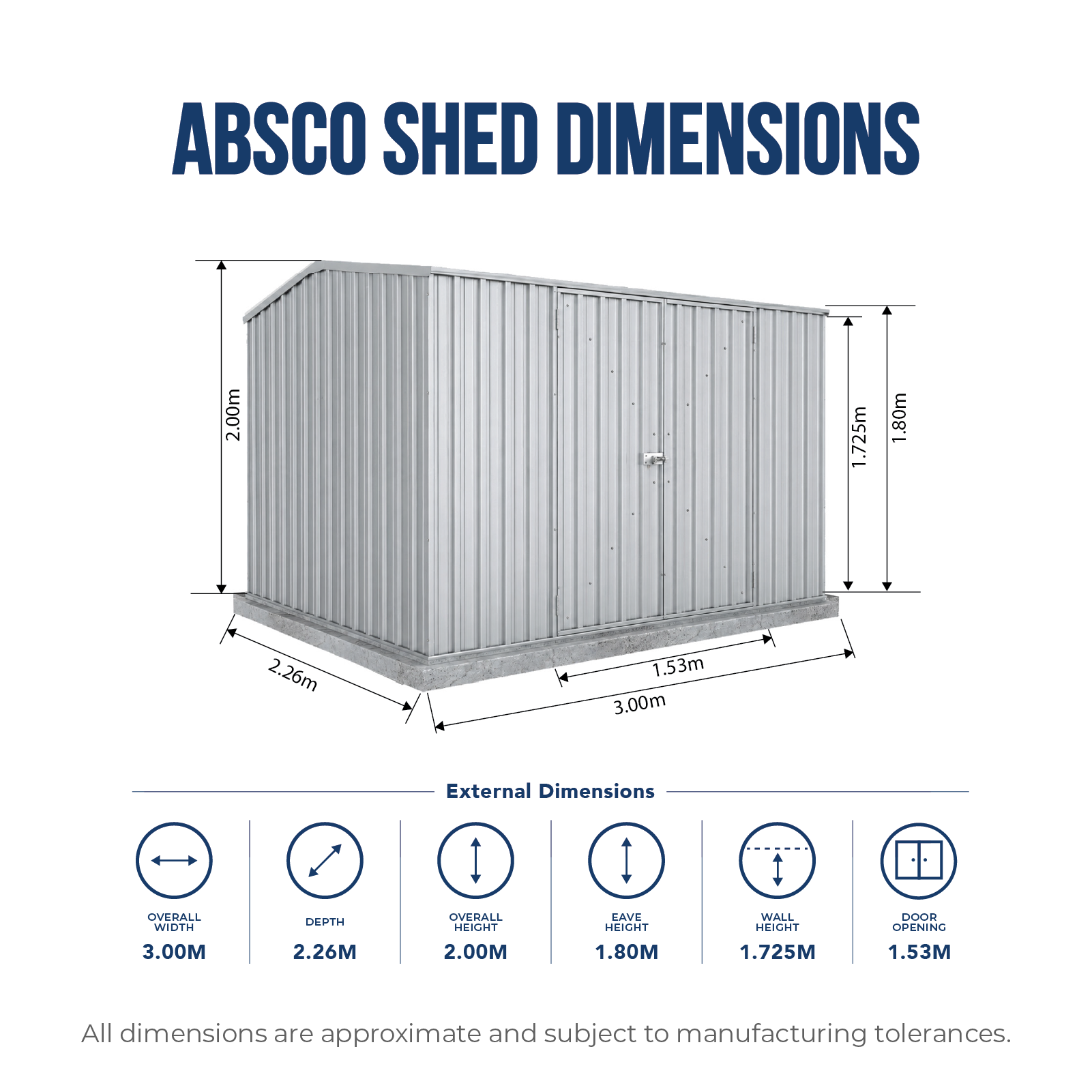 3.00mW x 2.26mD x 2.00mH Garden Shed Economy Double Door Zinc