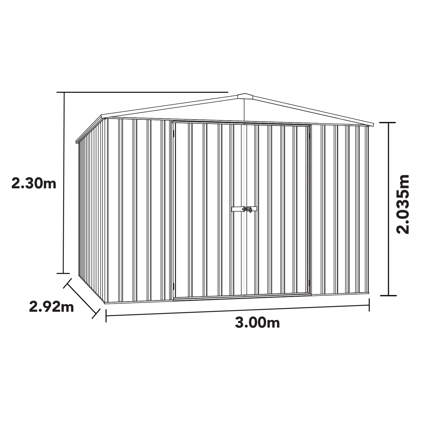 3.00mW x 2.92mD x 2.30mH Garden Shed Highlander Double Door Zincalume