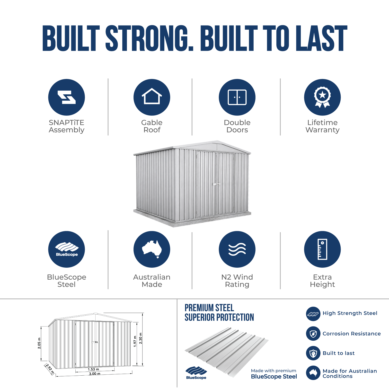 3.00mW x 2.92mD x 2.30mH Garden Shed Highlander Double Door Zincalume
