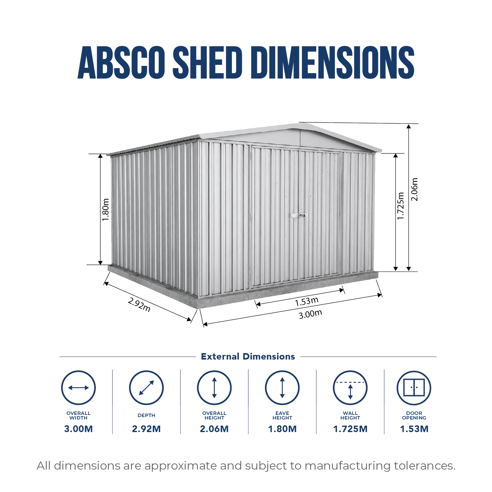 3.00mW x 2.92mD x 2.06mH Garden Shed Regent Double Door Zincalume