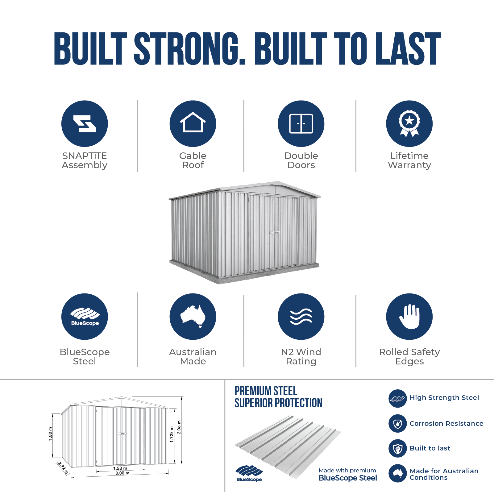 3.00mW x 2.92mD x 2.06mH Garden Shed Regent Double Door Zincalume