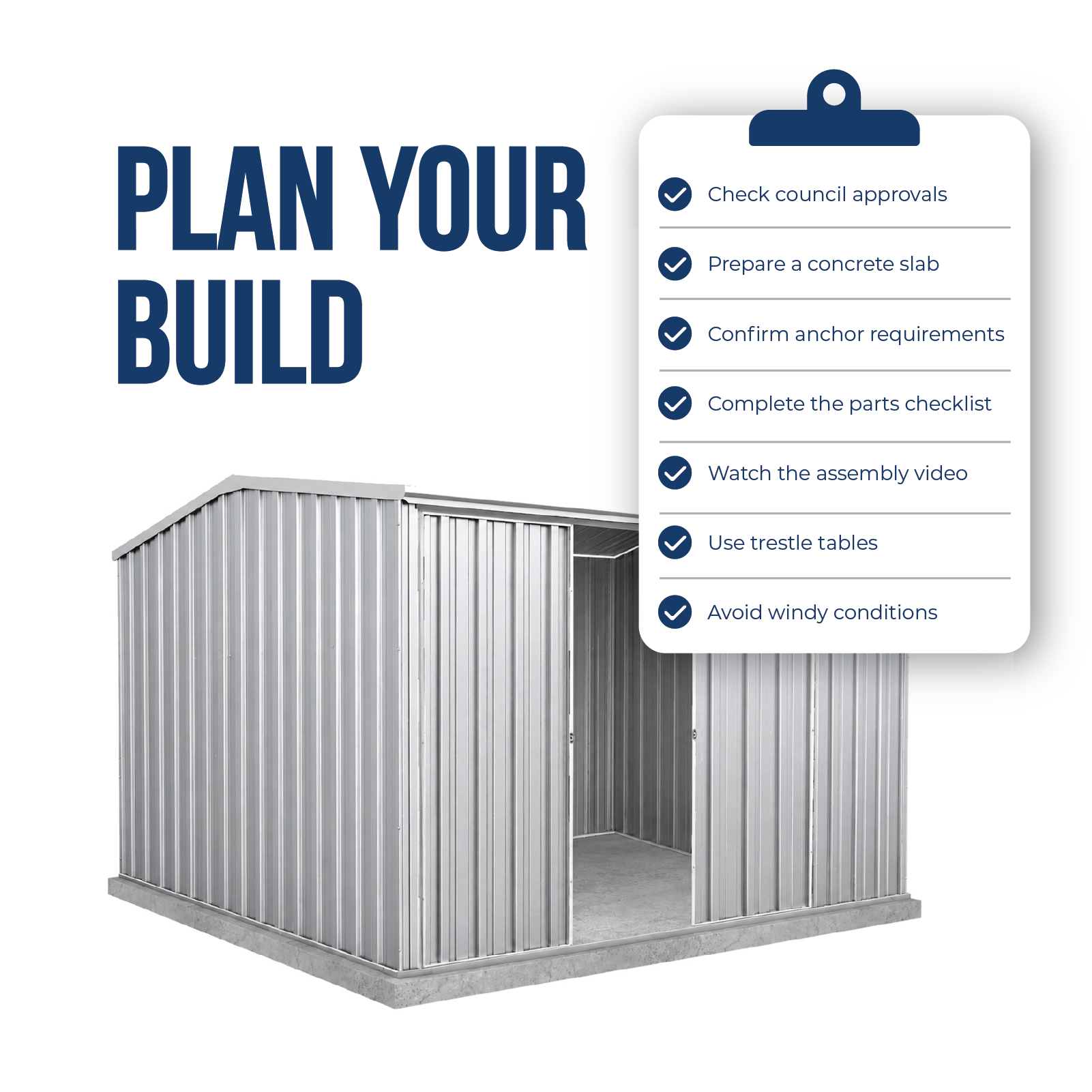 3.00mW x 3.00mD x 2.06mH Garden Shed Ezislider Double Door Zincalume