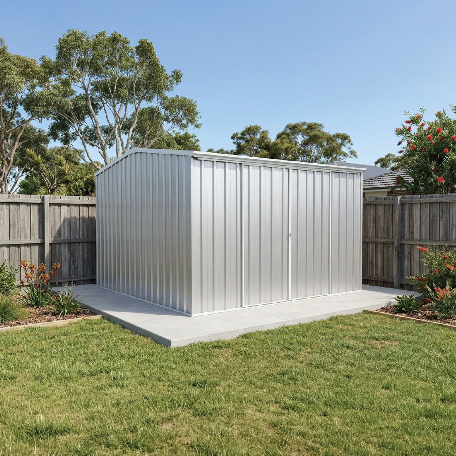 3.00mW x 3.00mD x 2.06mH Garden Shed Ezislider Double Door Zincalume