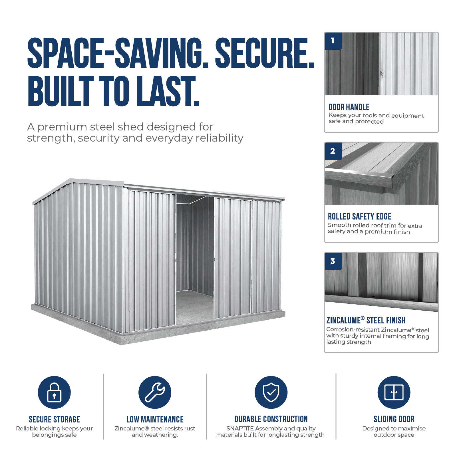 3.00mW x 3.00mD x 2.06mH Garden Shed Ezislider Double Door Zincalume