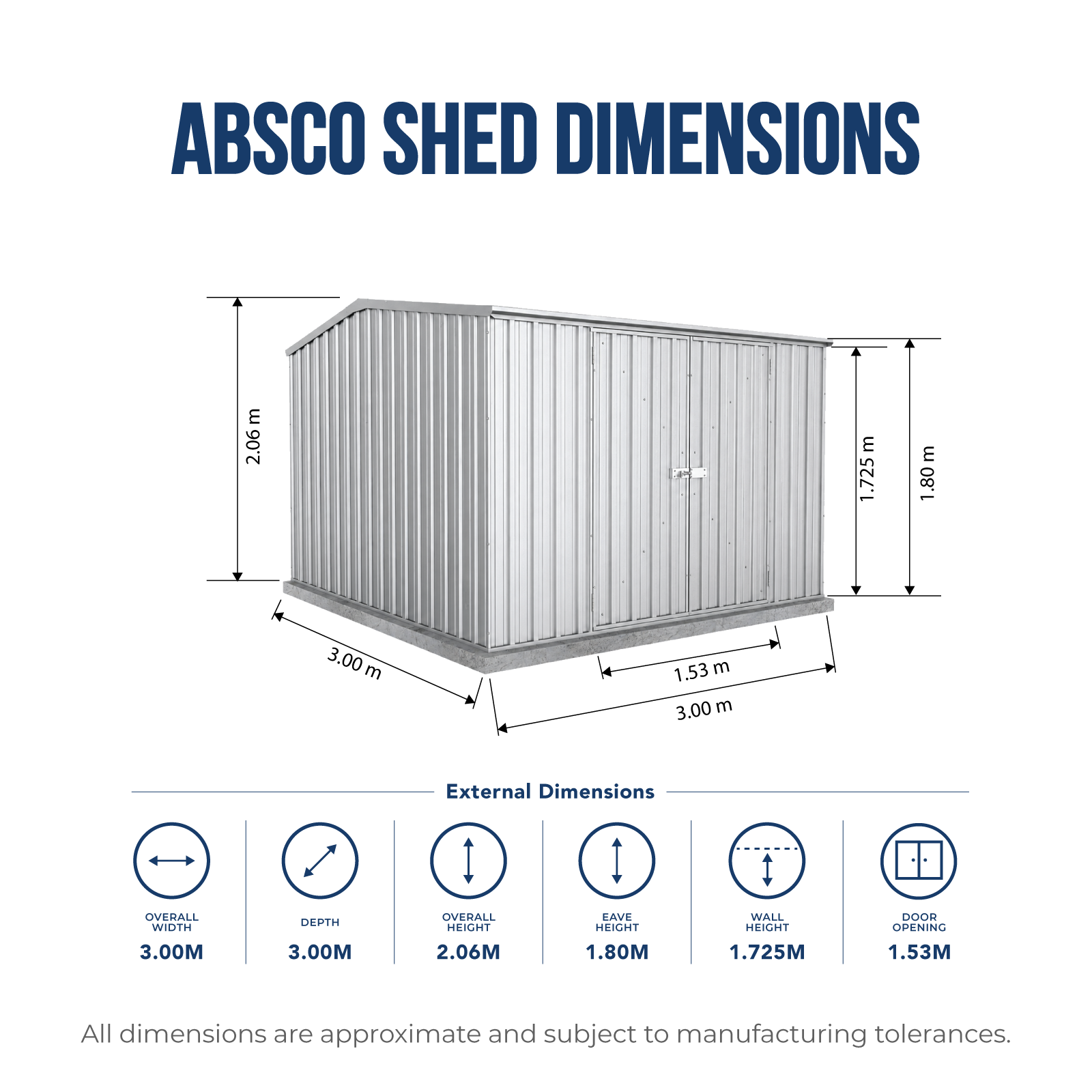 3.00mW x 3.00mD x 2.06mH Garden Shed Double Door Zincalume with Anchors