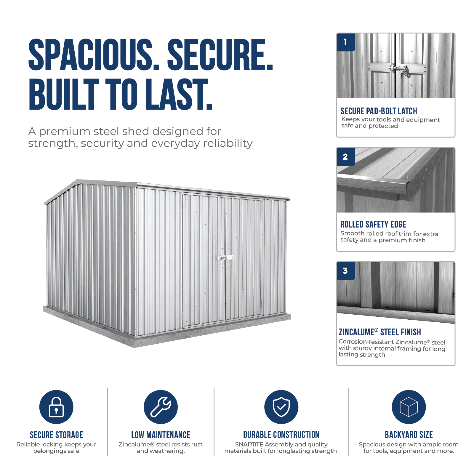 3.00mW x 3.00mD x 2.06mH Garden Shed Double Door Zincalume with Anchors