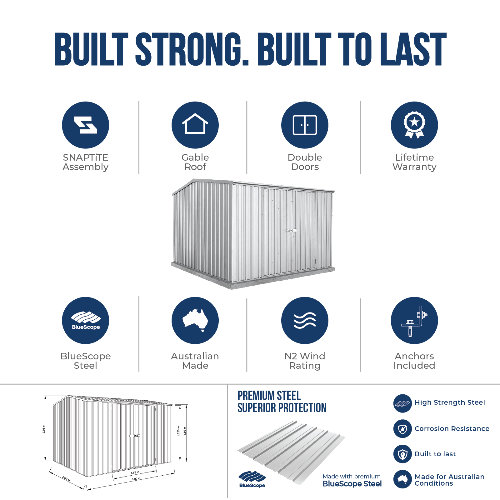 3.00mW x 3.00mD x 2.06mH Garden Shed Double Door Zincalume with Anchors
