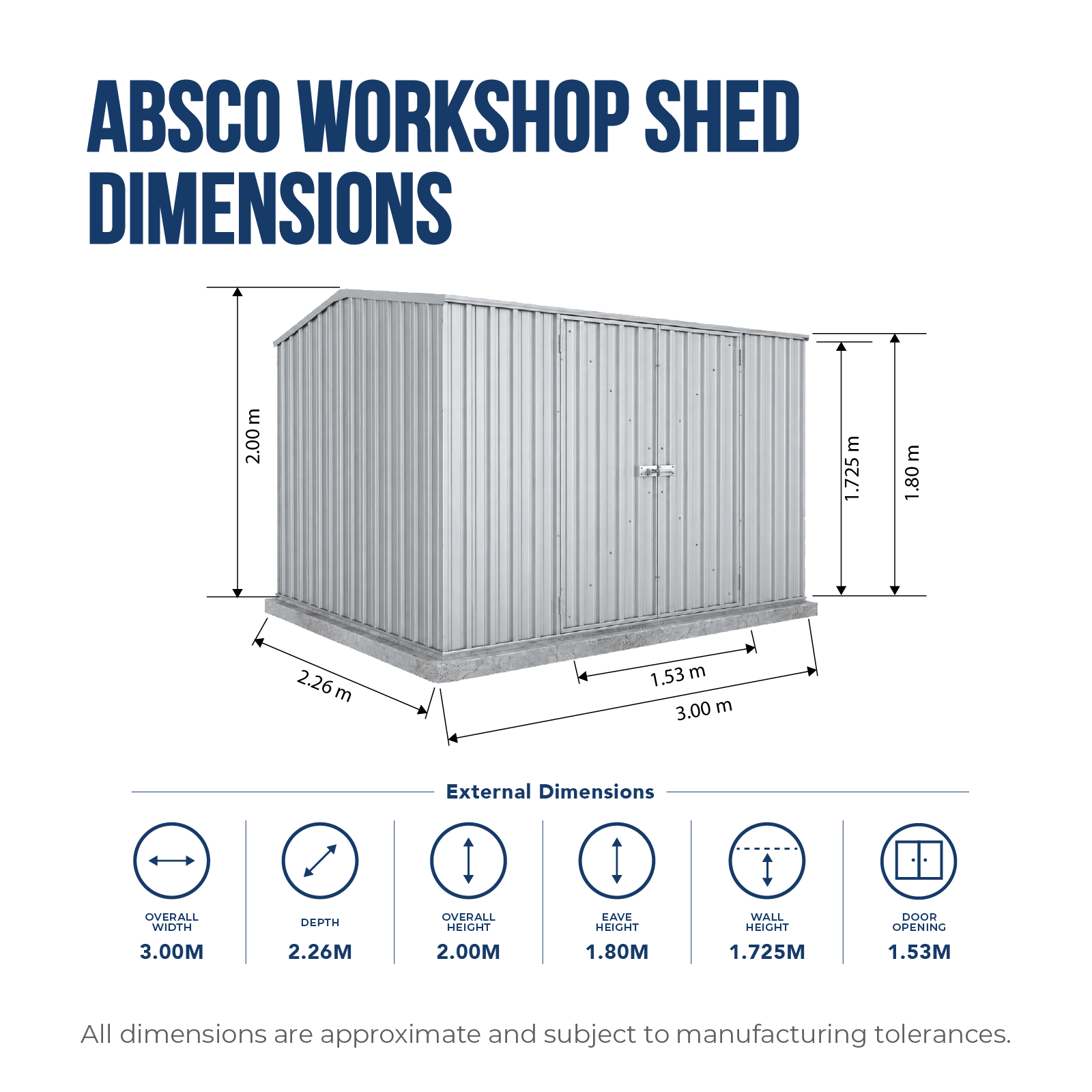 3.00mW x 2.26mD x 2.00mH Garden Shed Premier Double Door Zincalume