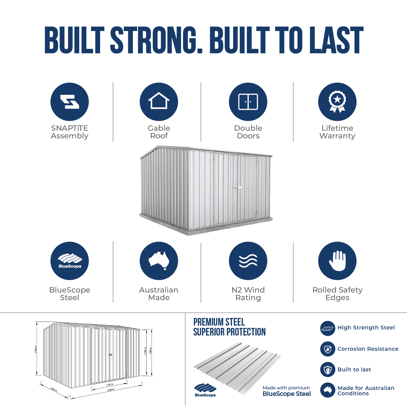 3.00mW x 3.00mD x 2.06mH Garden Shed Premier Double Door Zincalume