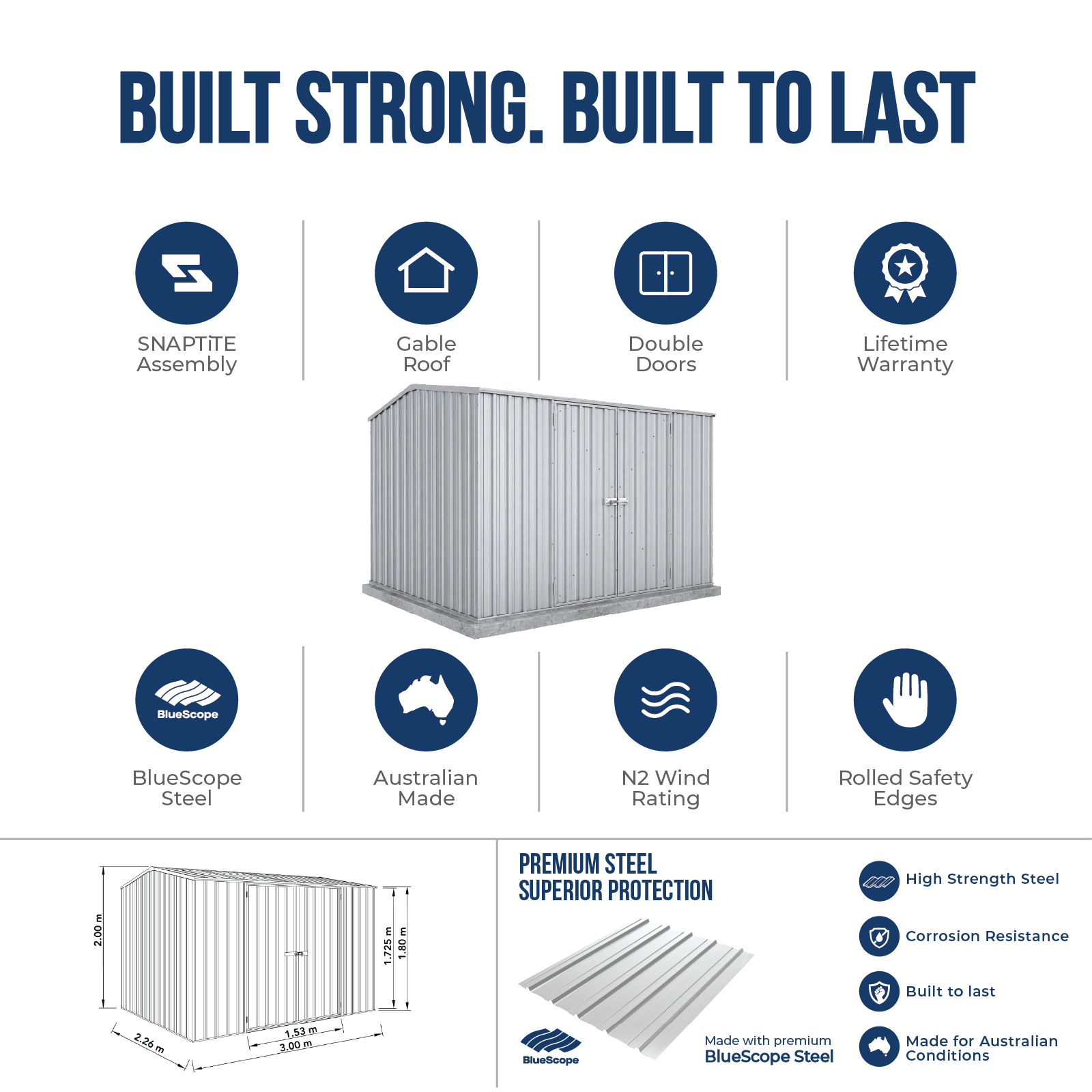 3.00mW x 2.26mD x 2.00mH Garden Shed Premier Double Door Zincalume