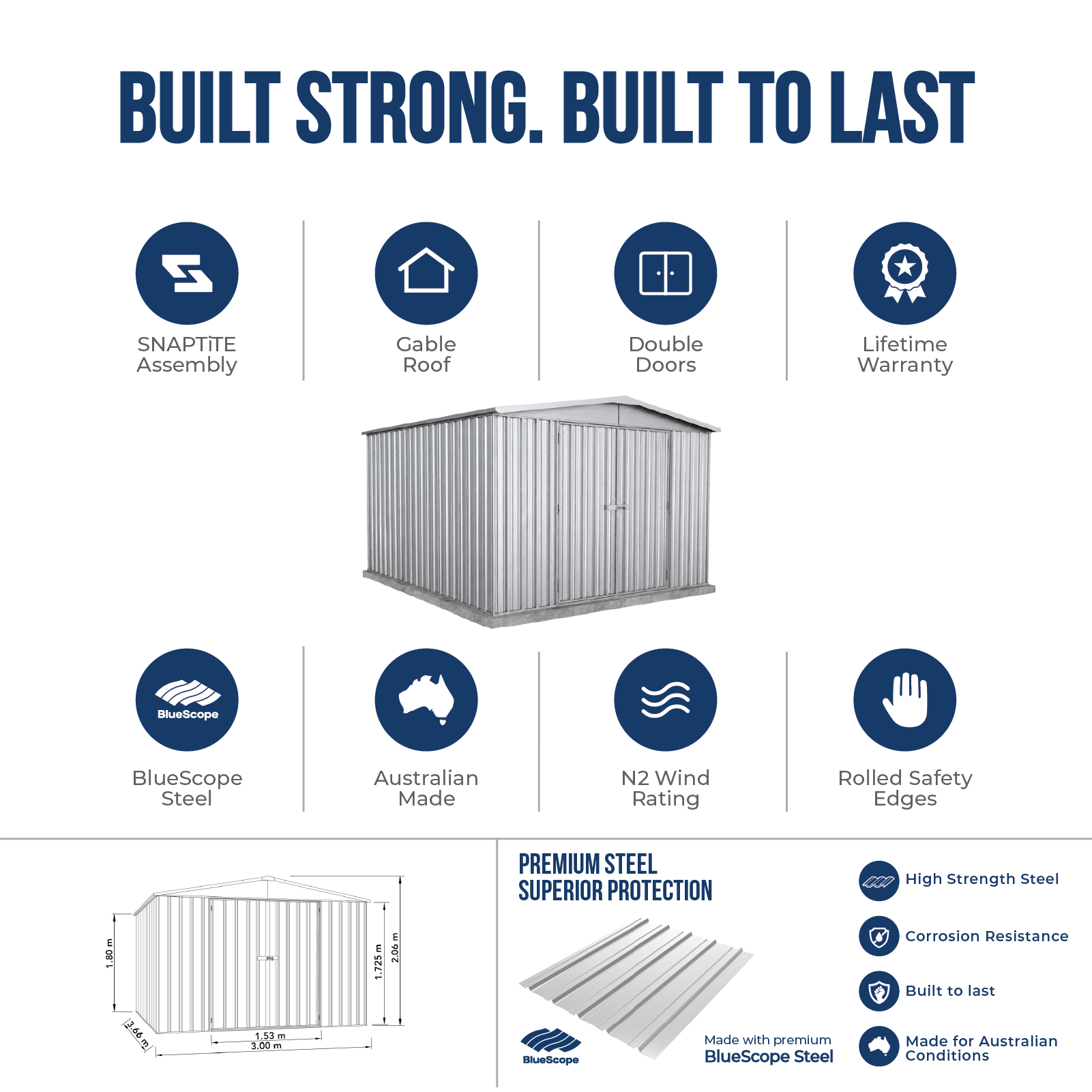3.00mW x 3.66mD x 2.06mH Garden Shed Regent Double Door Zincalume