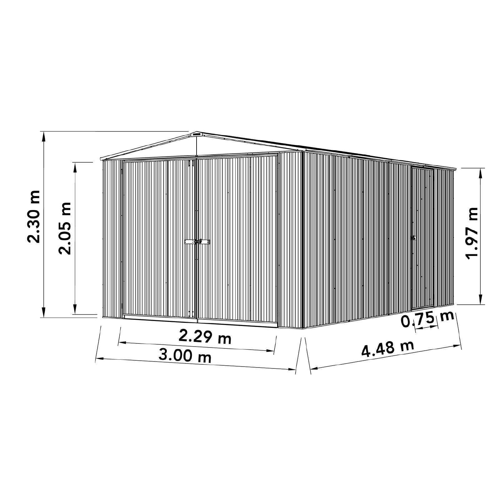3.00mW x 4.48mD x 2.30mH Garden Shed Highlander Double Door Zincalume