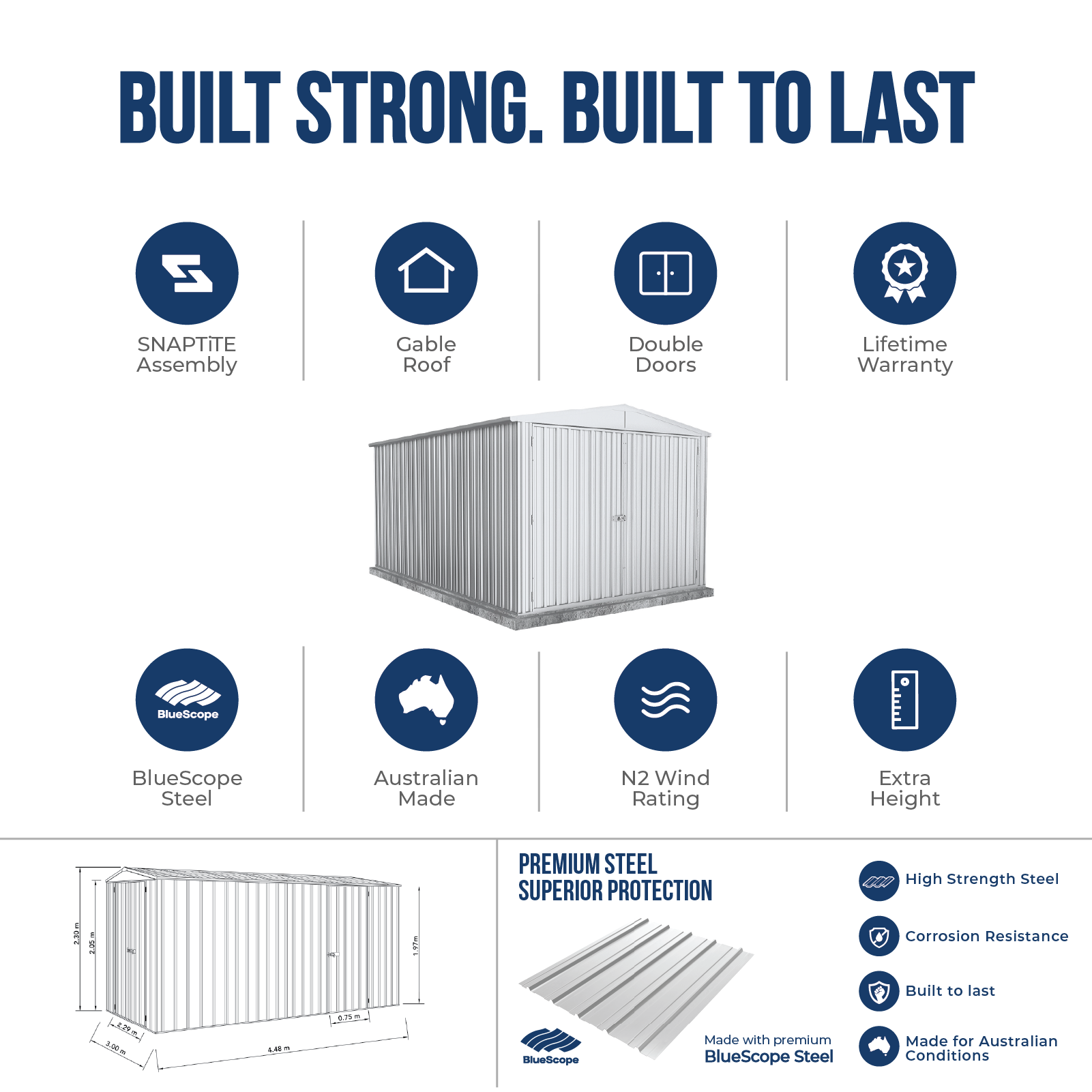 3.00mW x 4.48mD x 2.30mH Garden Shed Highlander Double Door Zincalume