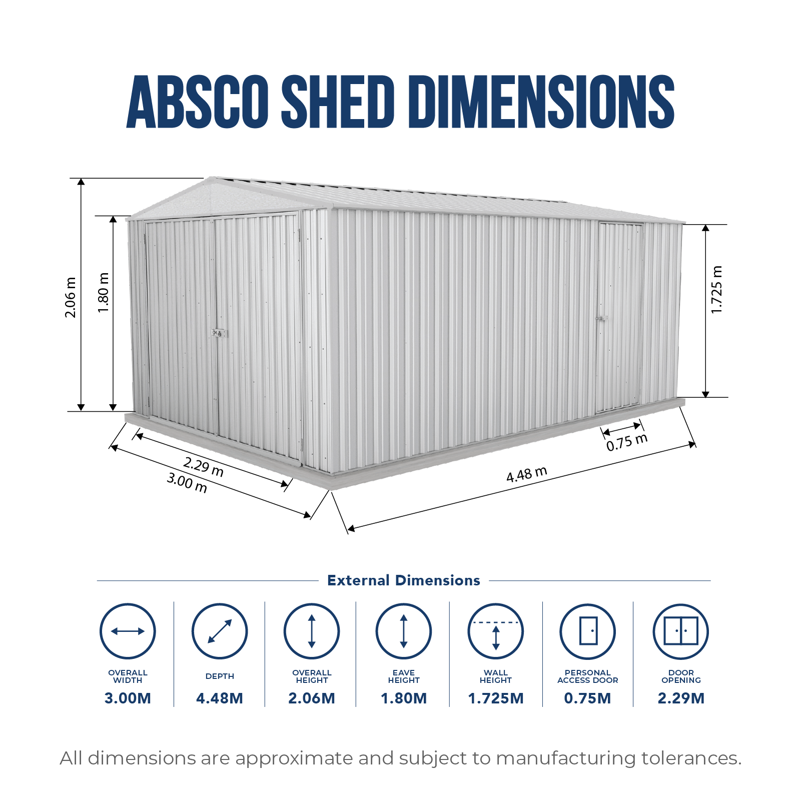 3.00mW x 4.48mD x 2.06mH Garden Shed Utility Double Door Zincalume