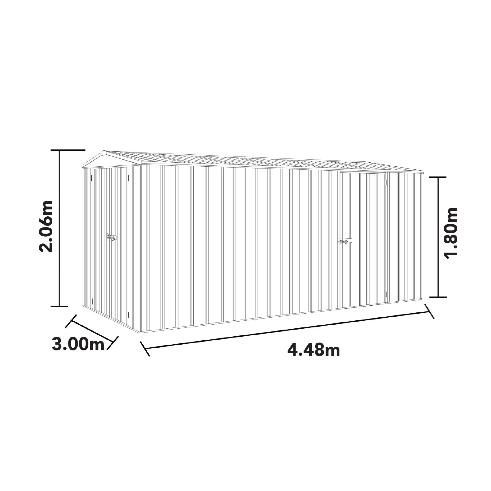 3.00mW x 4.48mD x 2.06mH Garden Shed Utility Double Door Zincalume
