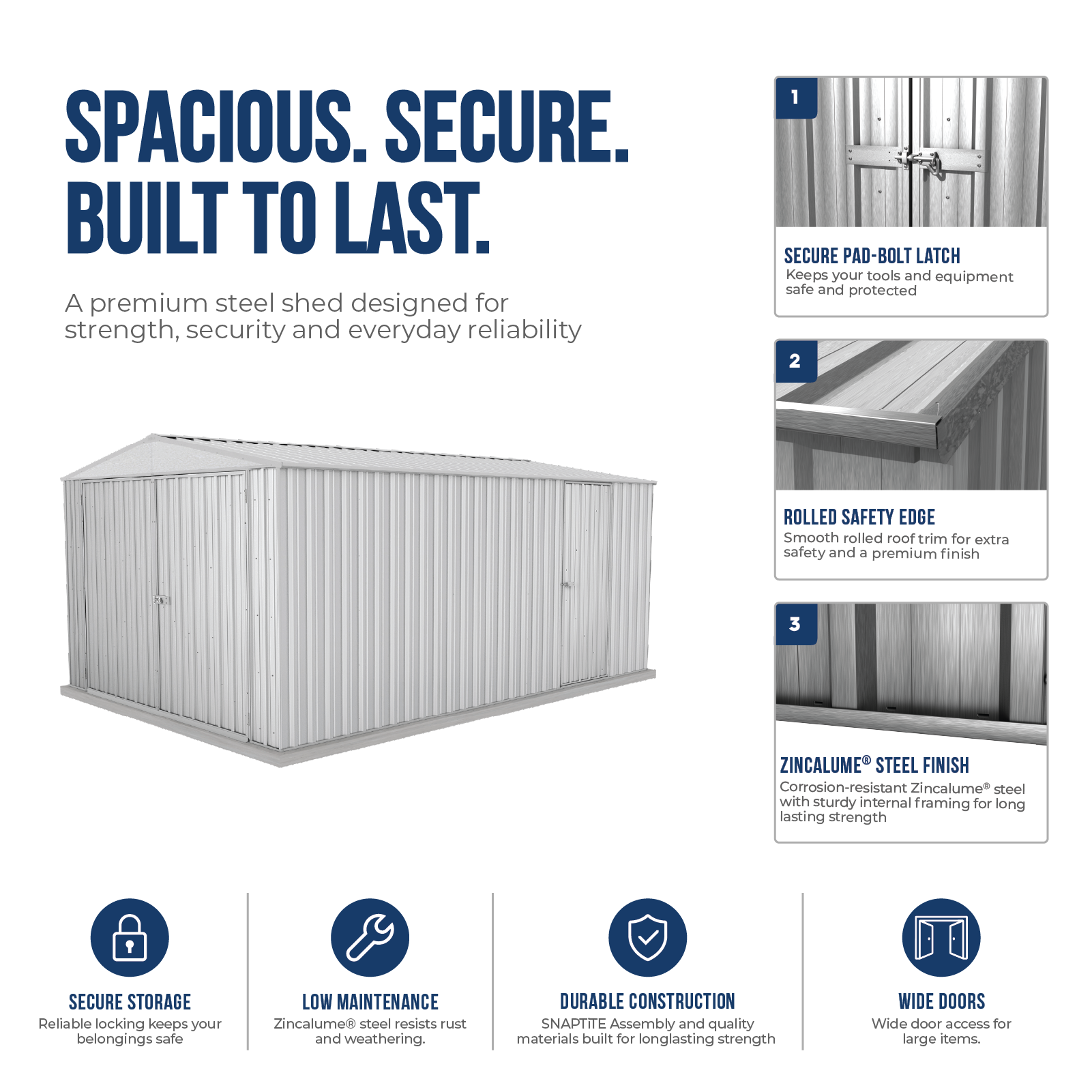 3.00mW x 4.48mD x 2.06mH Garden Shed Utility Double Door Zincalume