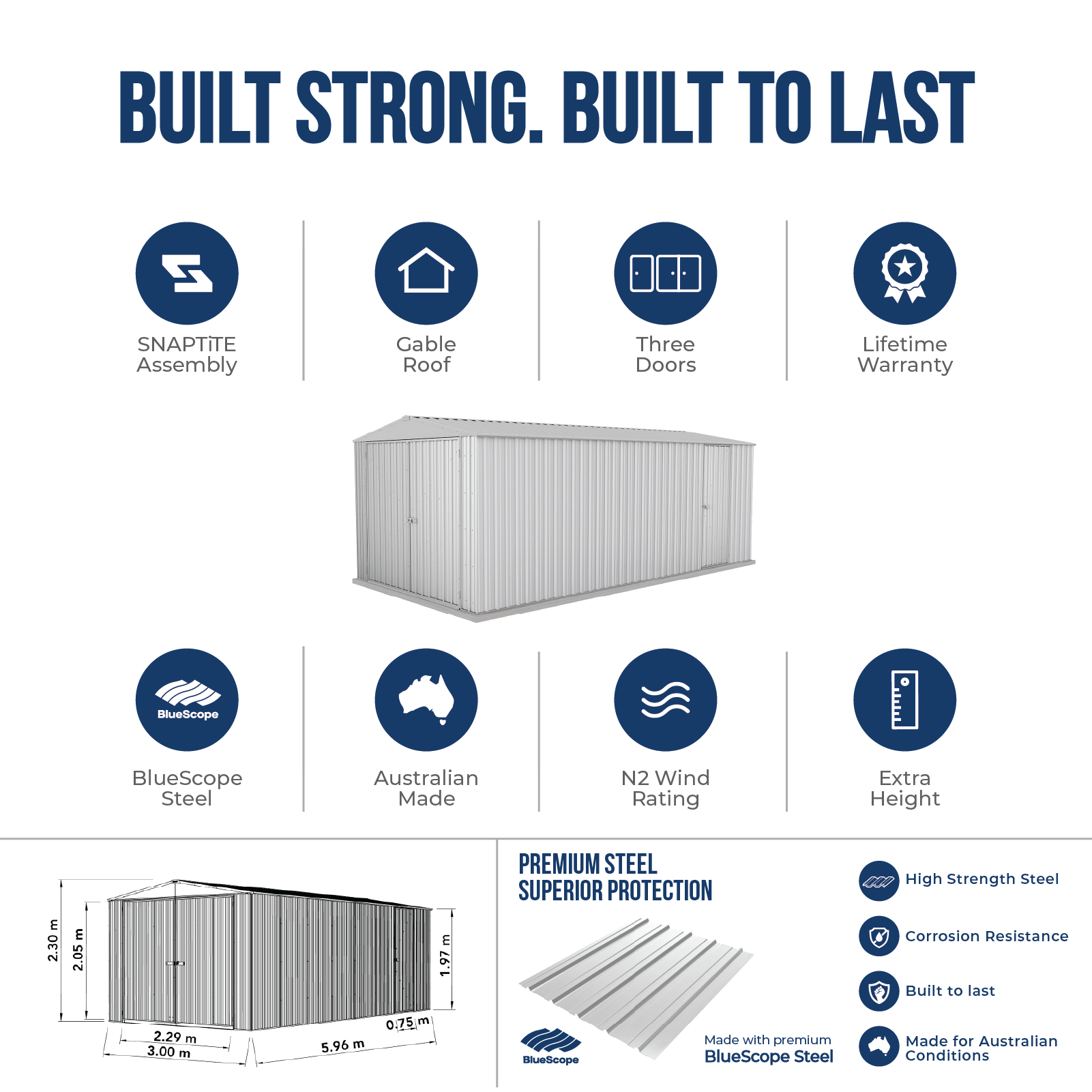 3.00mW x 5.96mD x 2.30mH Garden Shed Highlander Three Door Zincalume
