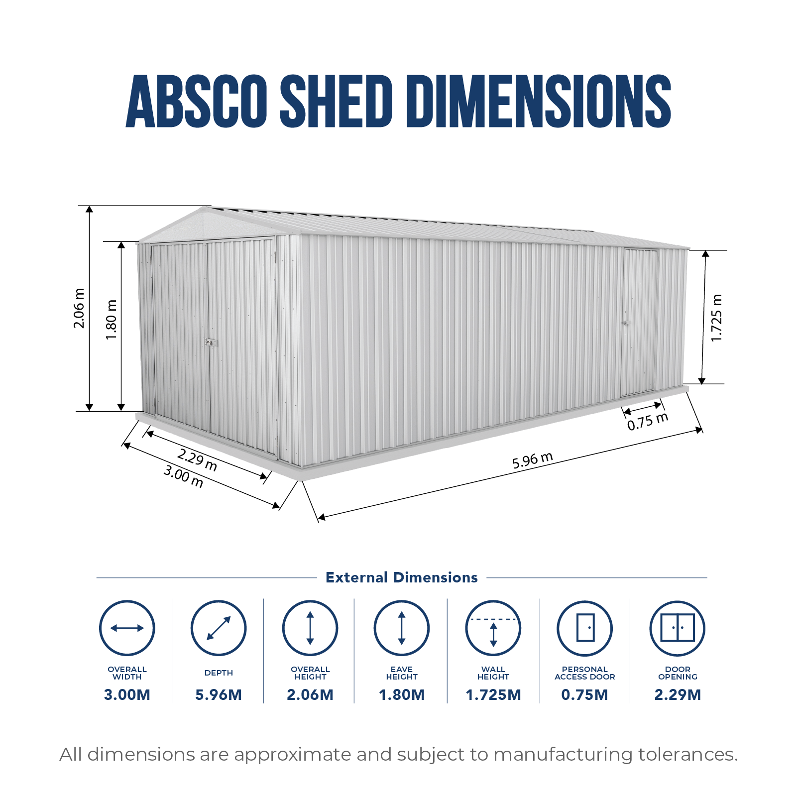 3.00mW x 5.96mD x 2.06mH Garden Shed Utility Double Door Zincalume