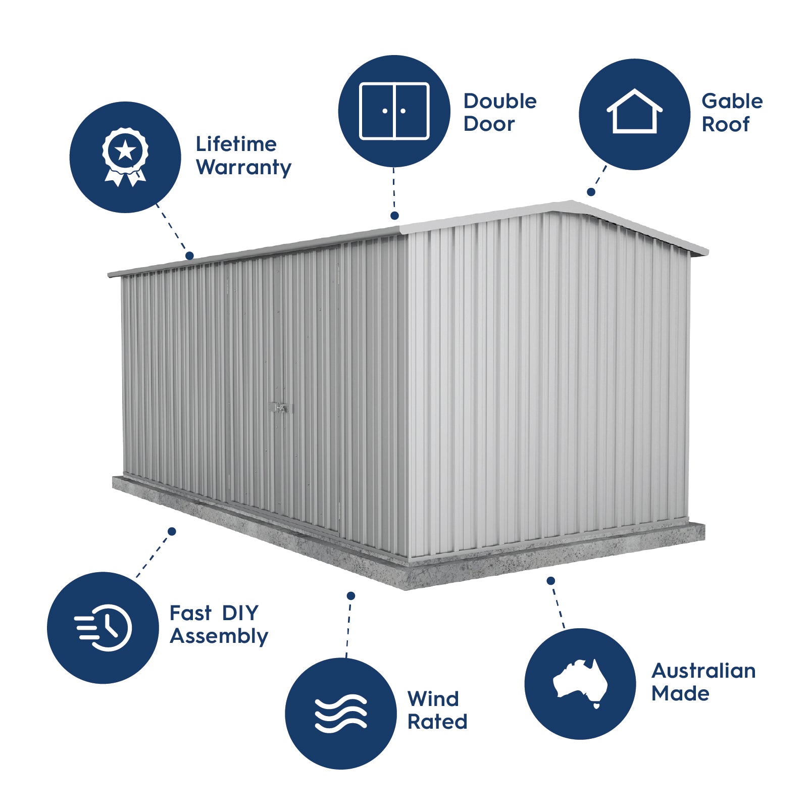 4.48mW x 2.26mD x 2.00mH Garden Shed Workshop Double Door Zincalume
