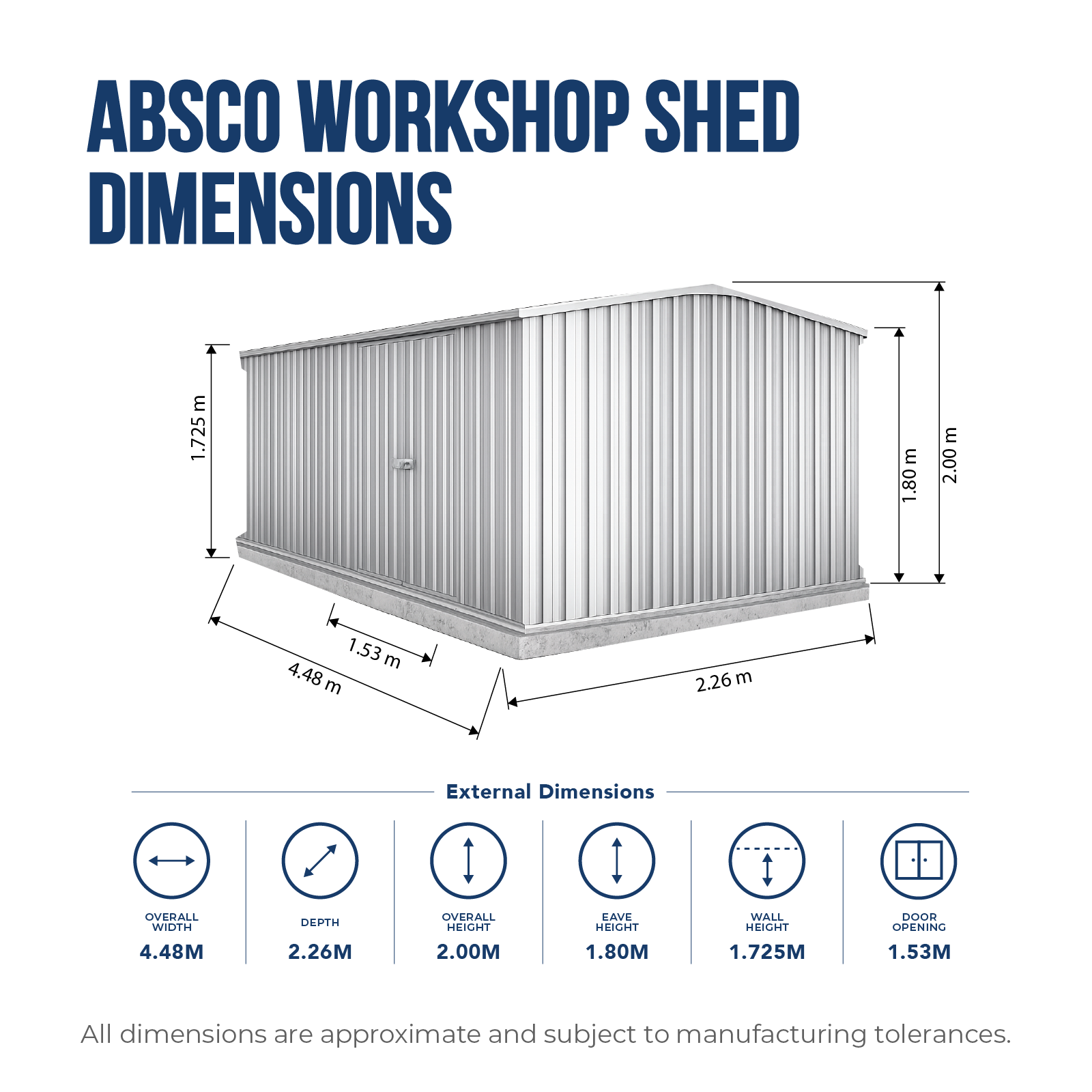 4.48mW x 2.26mD x 2.00mH Garden Shed Workshop Double Door Zincalume