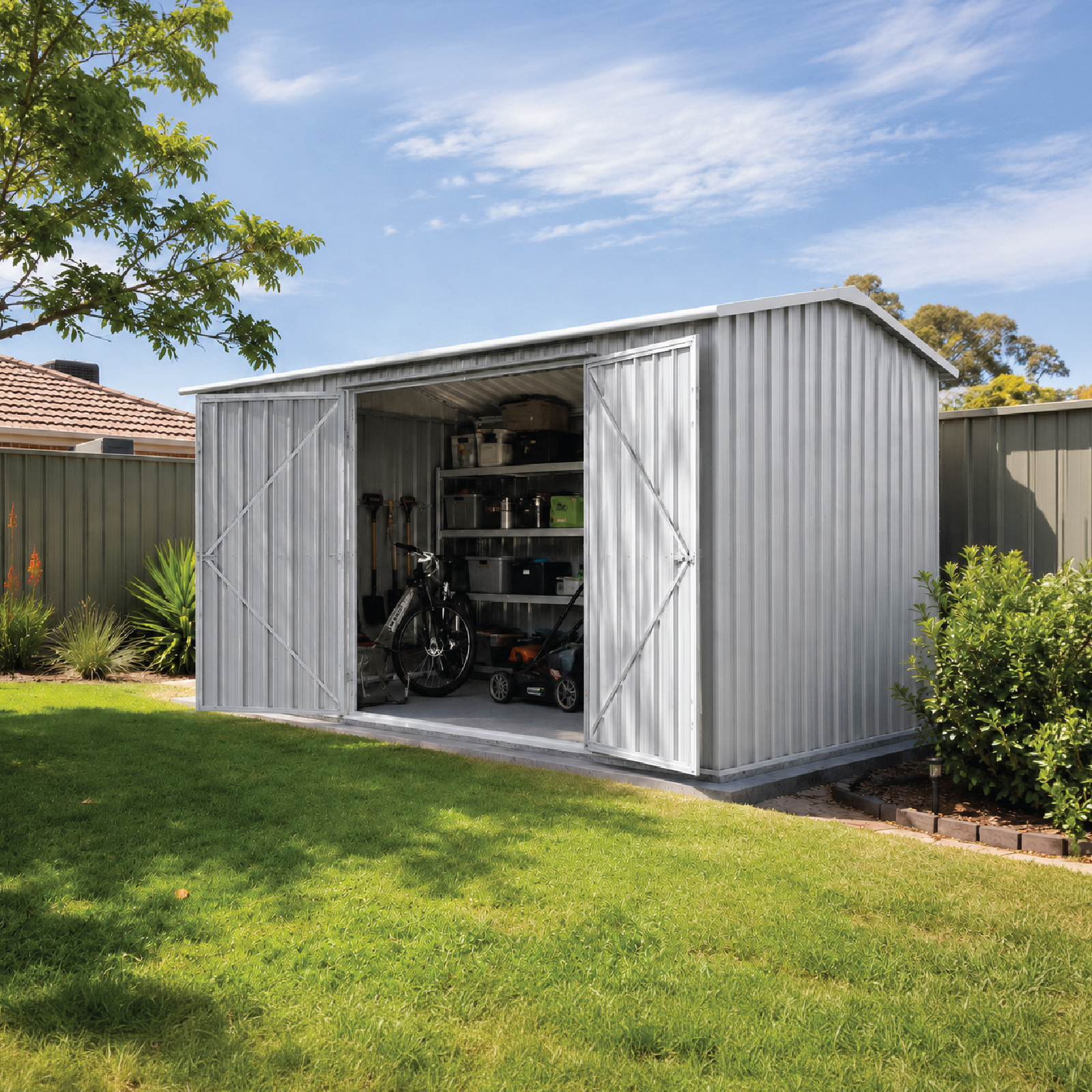 4.48mW x 2.26mD x 2.00mH Garden Shed Workshop Double Door Zincalume