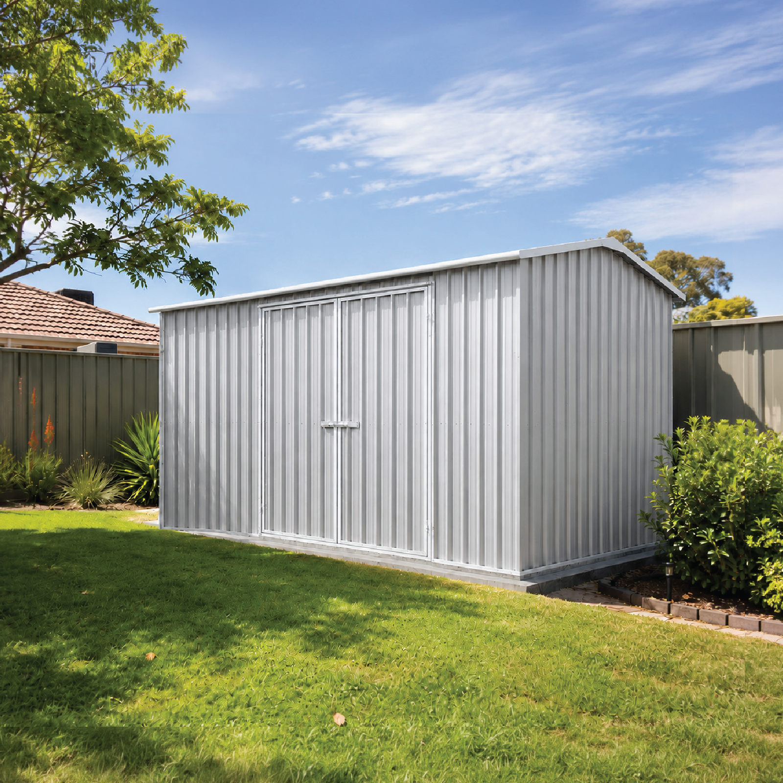 4.48mW x 2.26mD x 2.00mH Garden Shed Workshop Double Door Zincalume