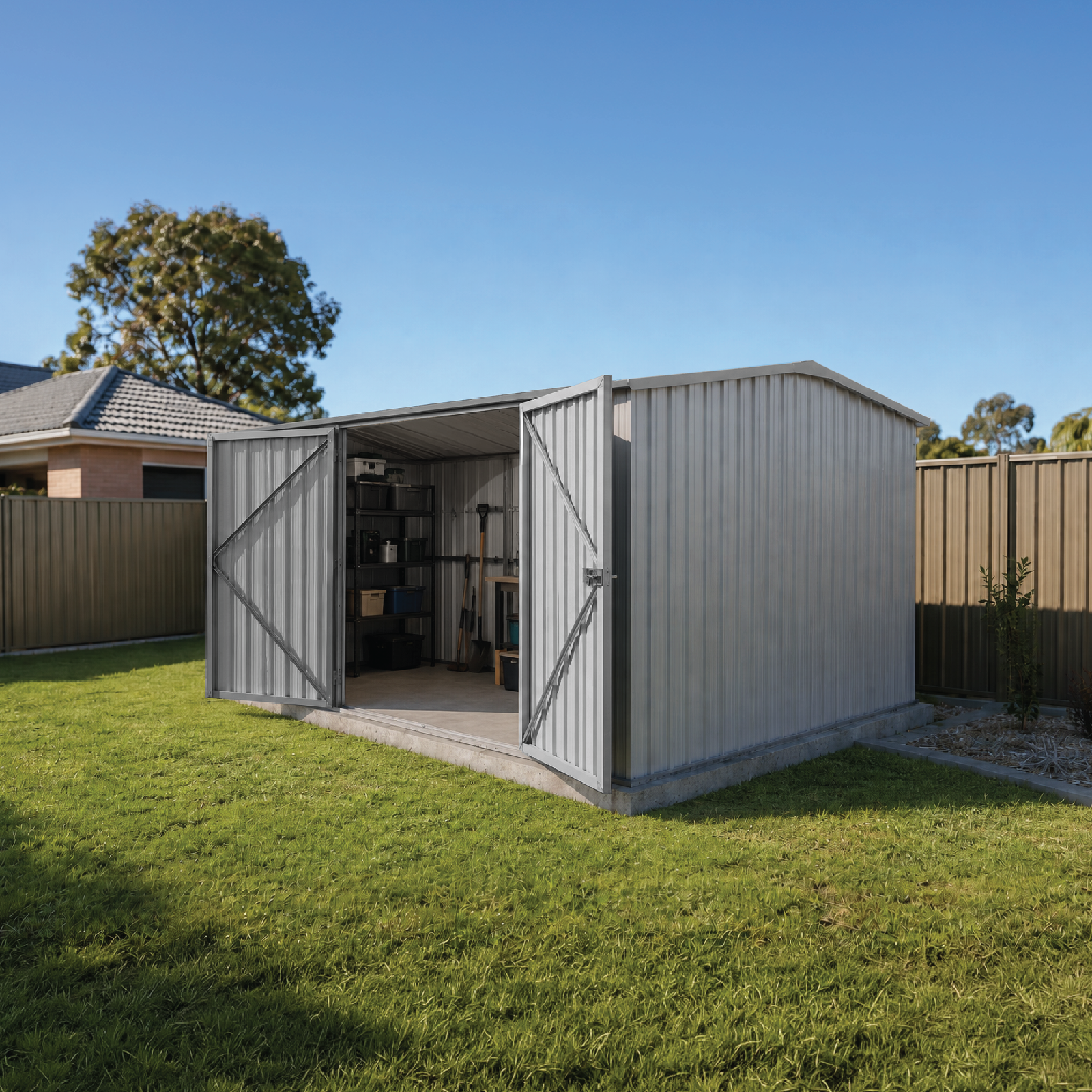 4.48mW x 3.00mD x 2.06mH Garden Shed Workshop Double Door Zincalume