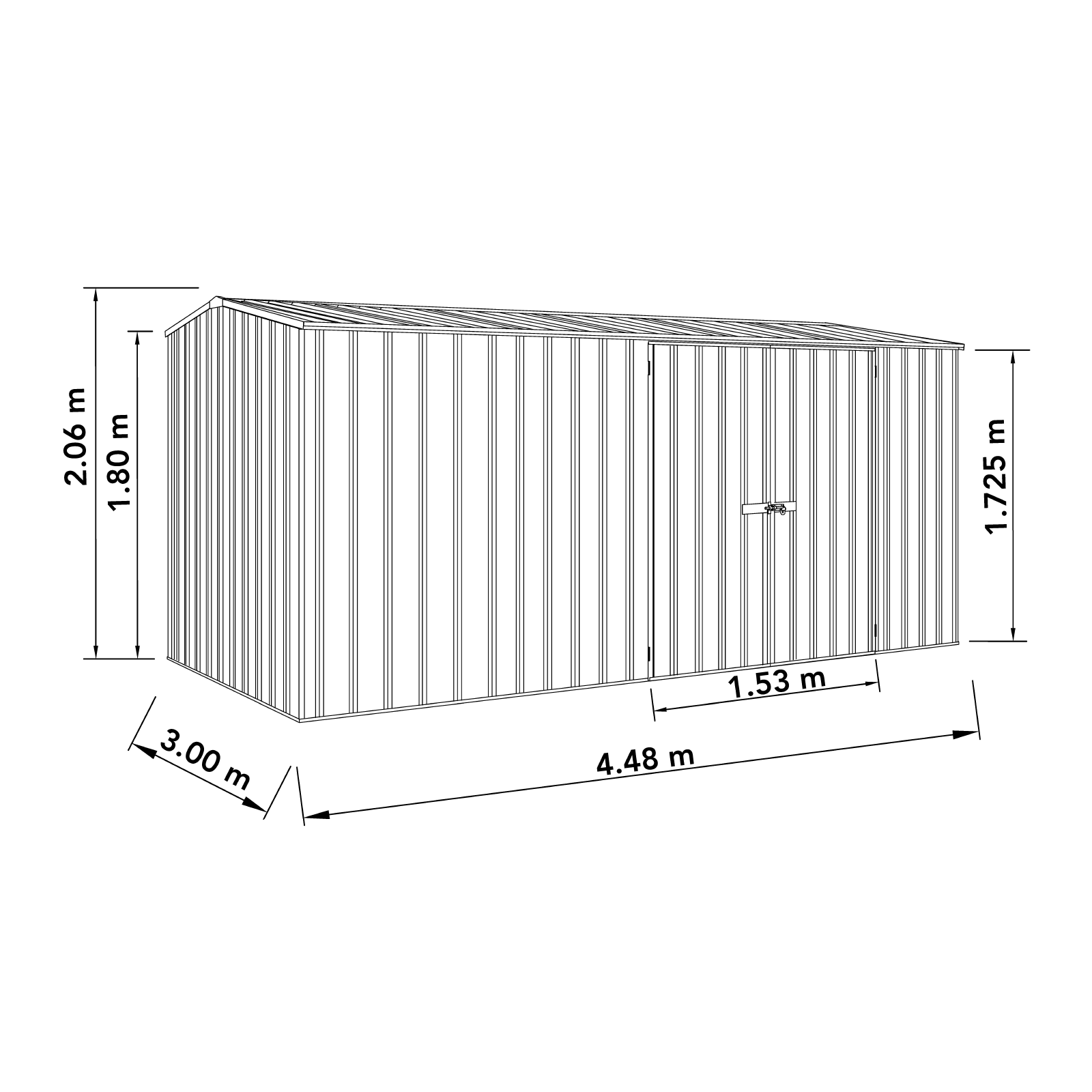 4.48mW x 3.00mD x 2.06mH Garden Shed Workshop Double Door Zincalume