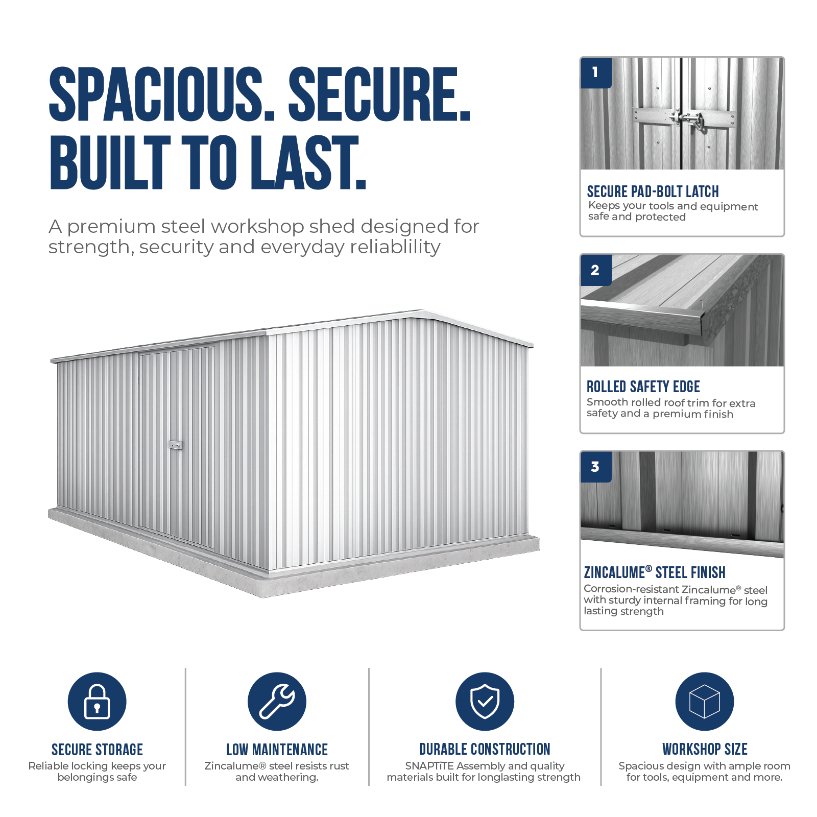 4.48mW x 3.00mD x 2.06mH Garden Shed Workshop Double Door Zincalume