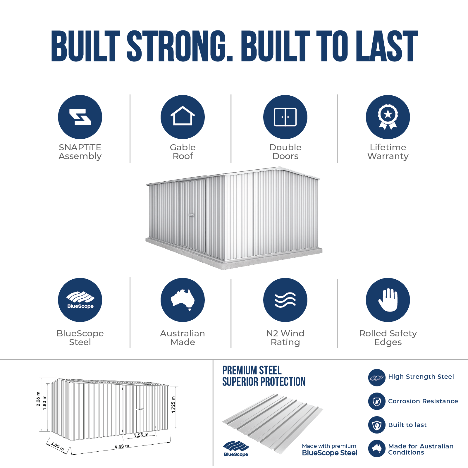 4.48mW x 3.00mD x 2.06mH Garden Shed Workshop Double Door Zincalume