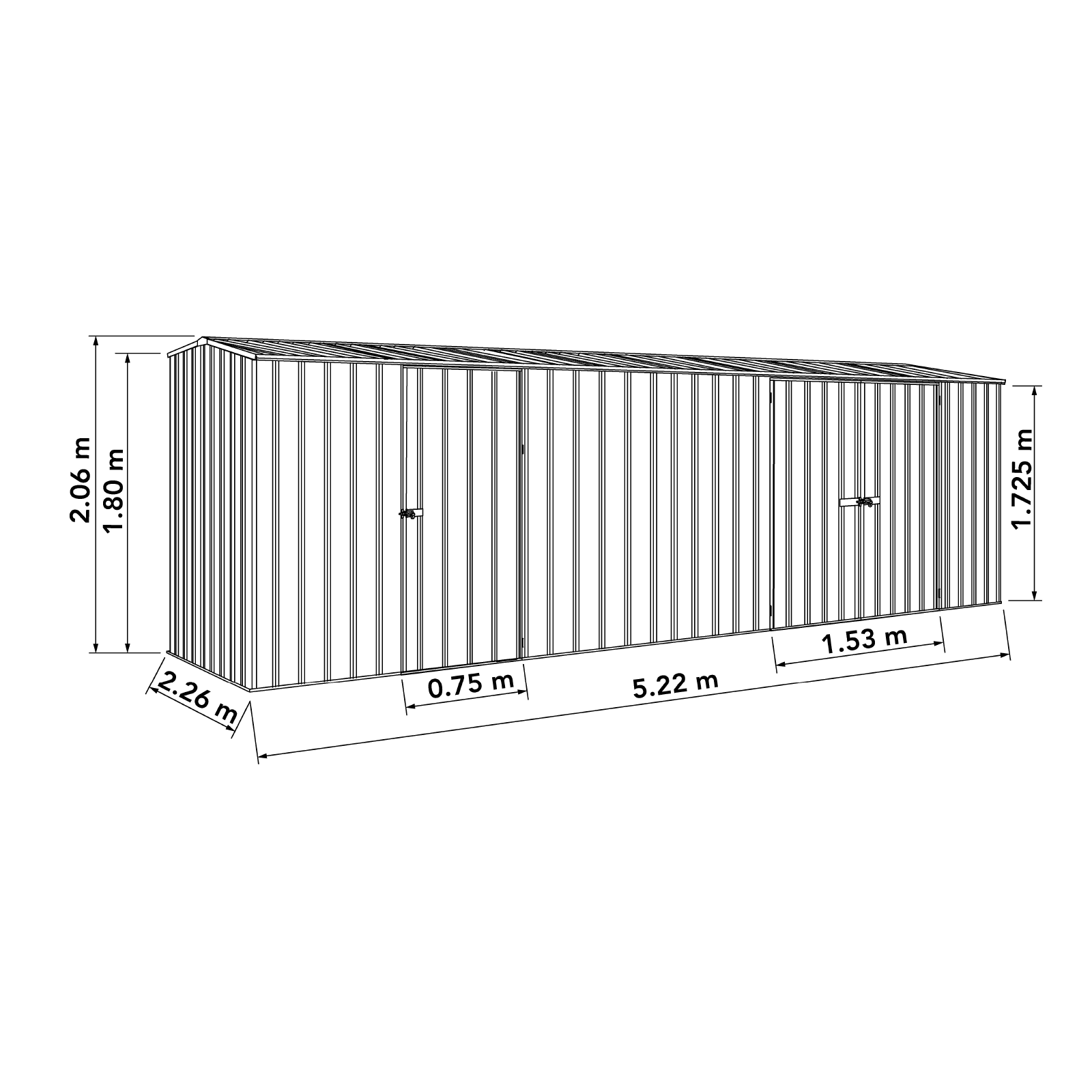 5.22mW x 2.26mD x 2.06mH Garden Shed Economy Three Door Zinc