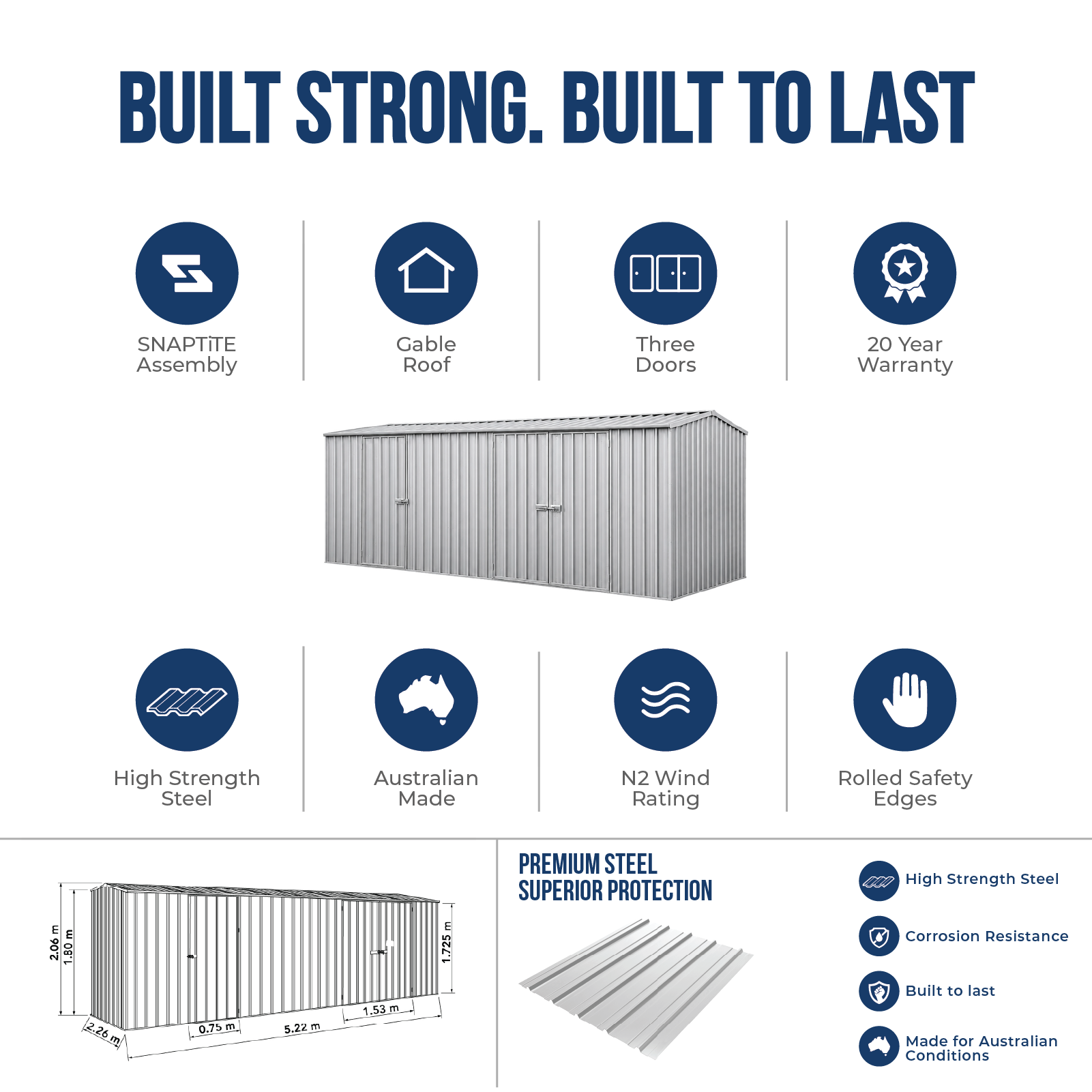 5.22mW x 2.26mD x 2.06mH Garden Shed Economy Three Door Zinc