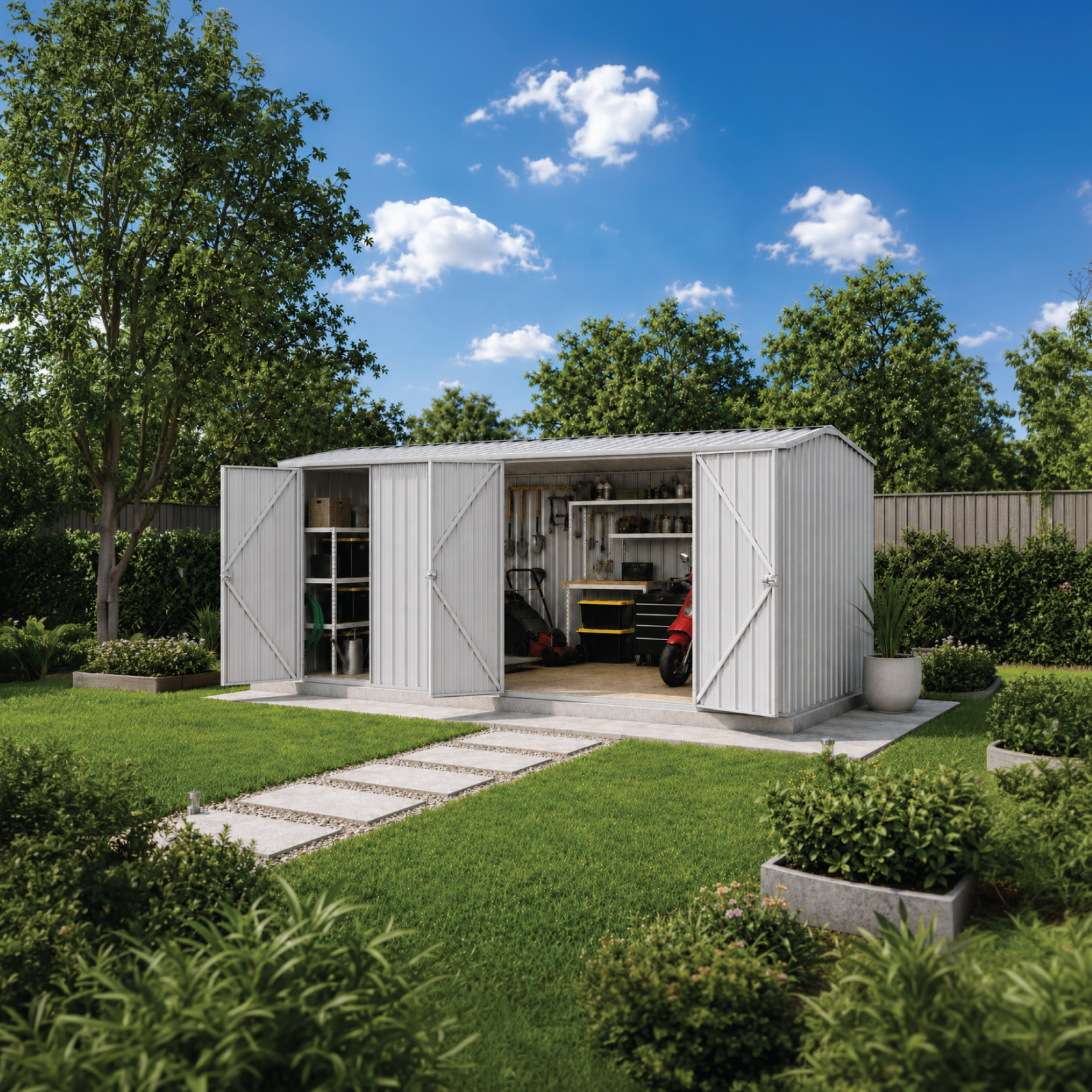 Zincalume garden shed with open doors in a lush green garden - ZA60303WK