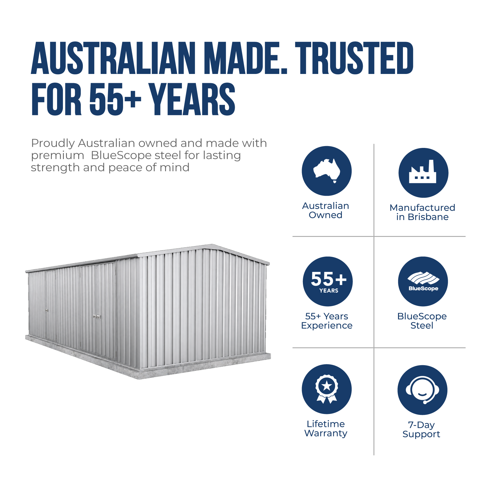 Storage shed with Australian-made branding and product features - ZA60303WK