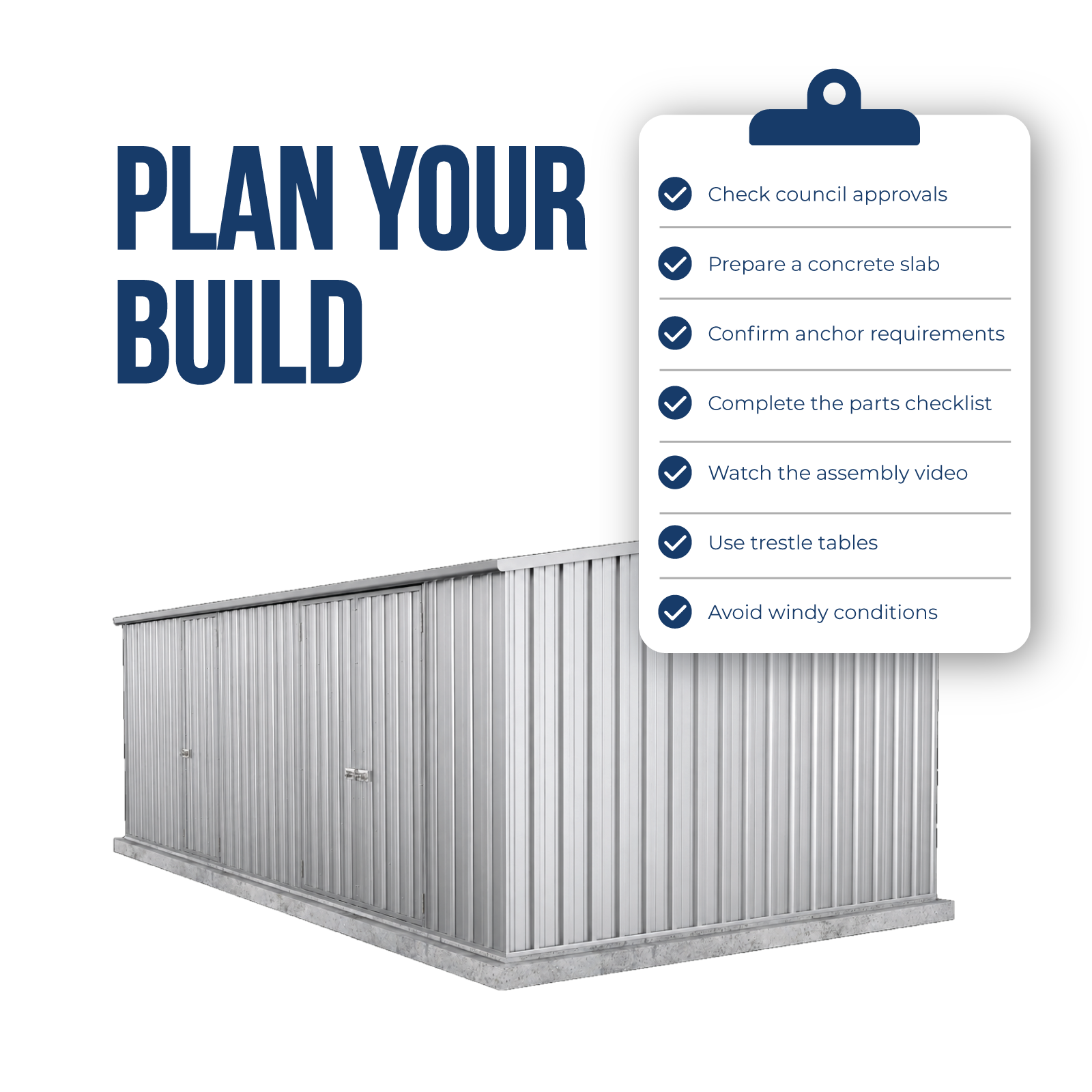Metal storage shed with a checklist for building preparation - ZA60303WK