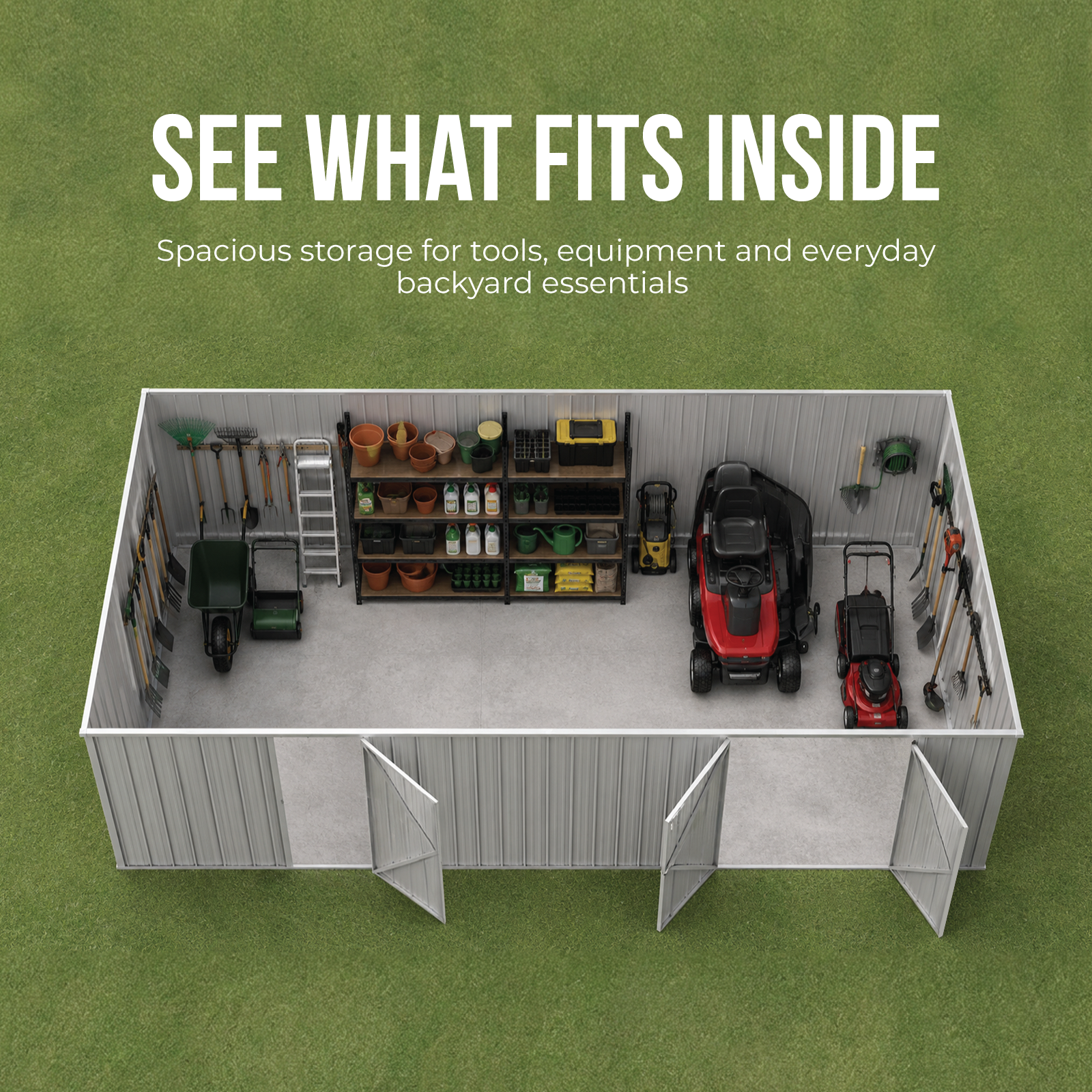 Storage shed interior with tools, equipment, and lawn mowers - ZA60303WK