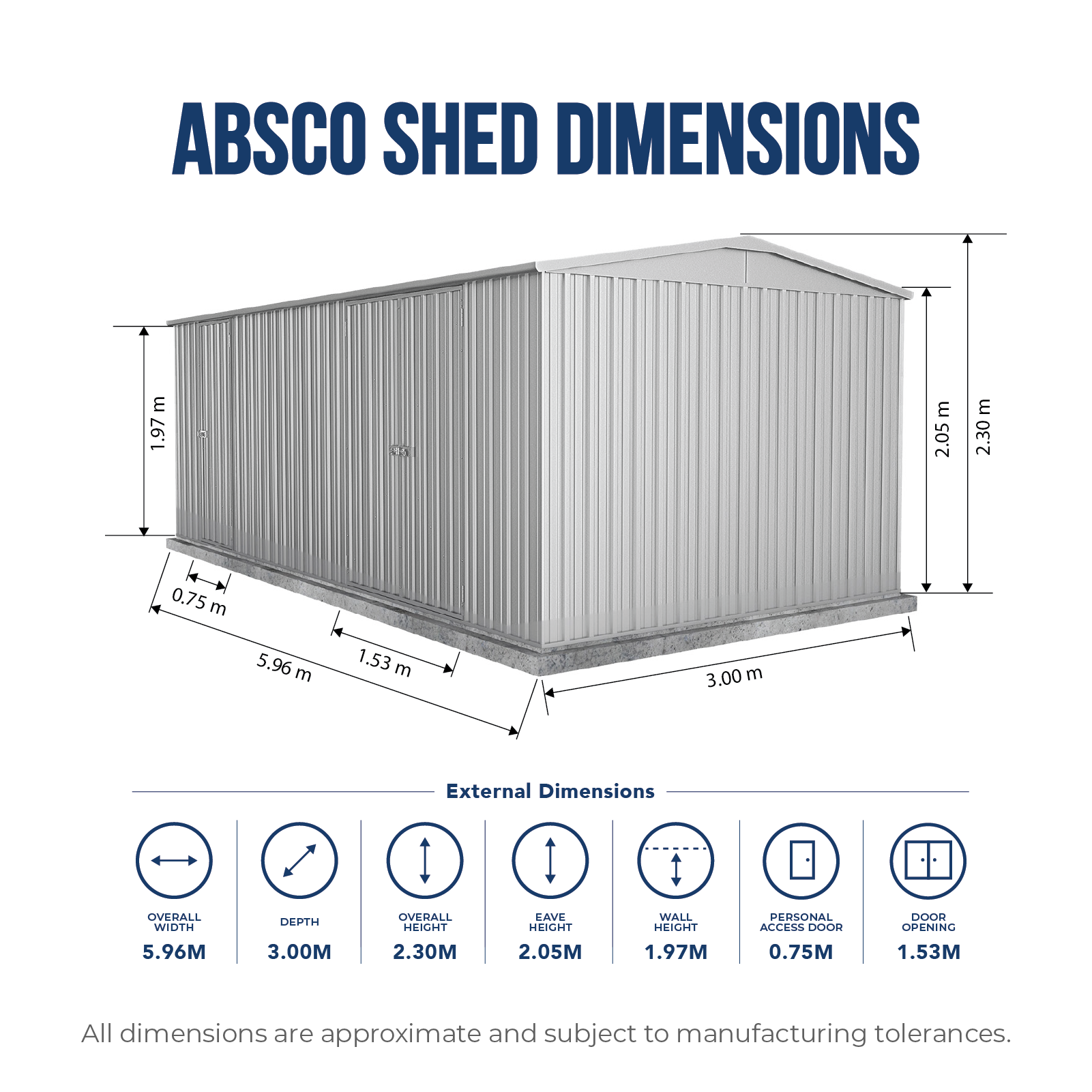 5.96mW x 3.00mD x 2.30mH Garden Shed Highlander Double Door Zincalume