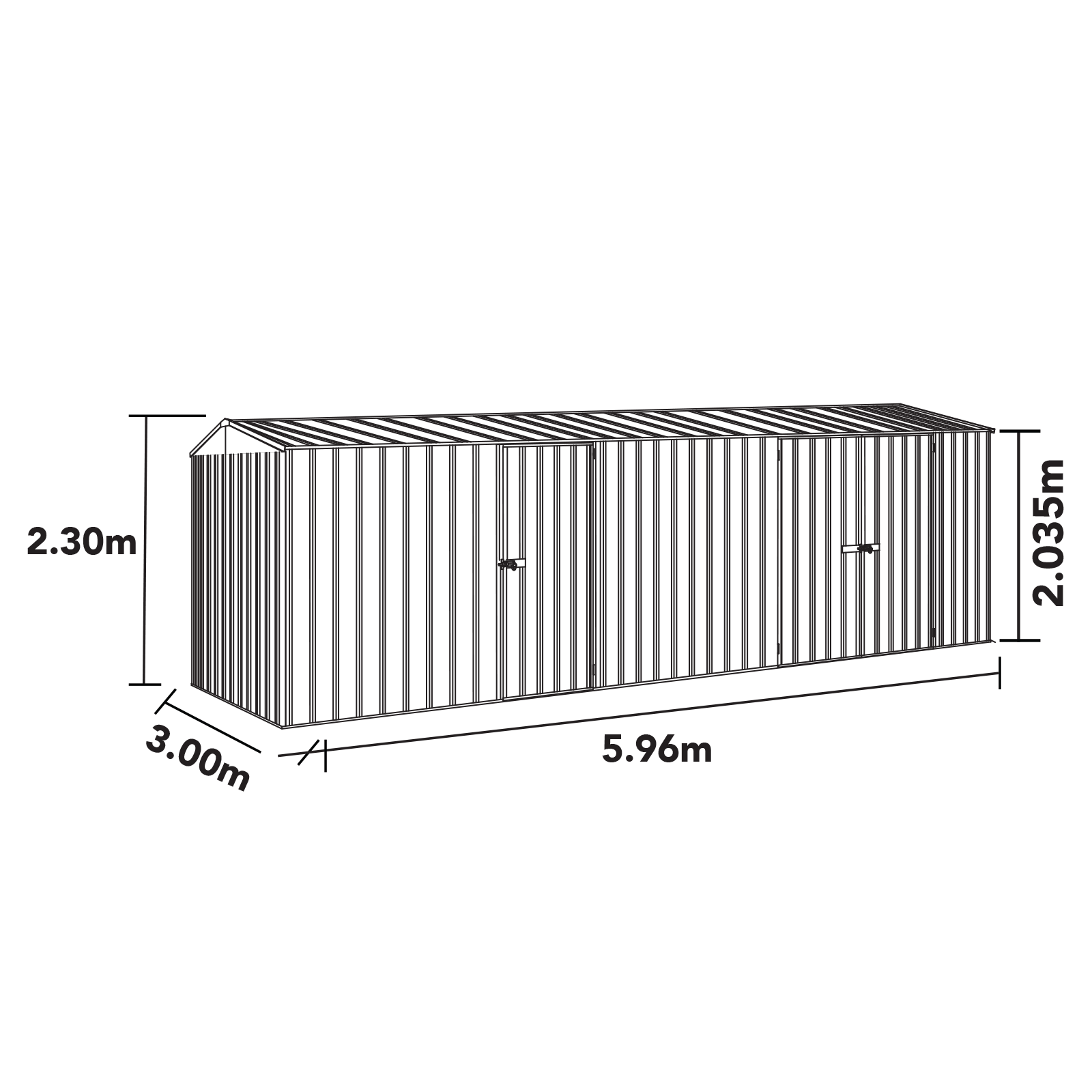5.96mW x 3.00mD x 2.30mH Garden Shed Highlander Double Door Zincalume