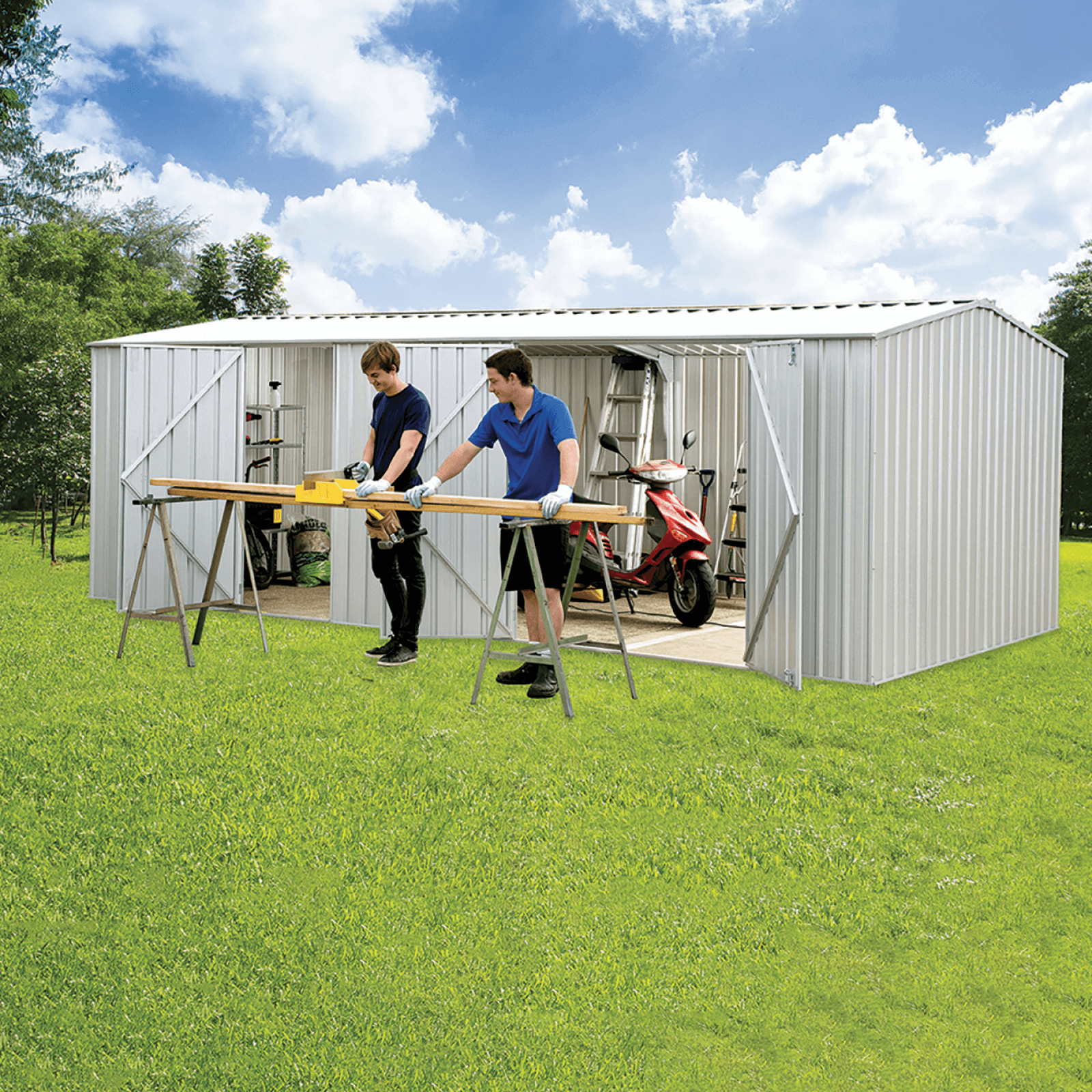 5.96mW x 3.0mD x 2.06mH Garden Shed Workshop Three Door Zincalume