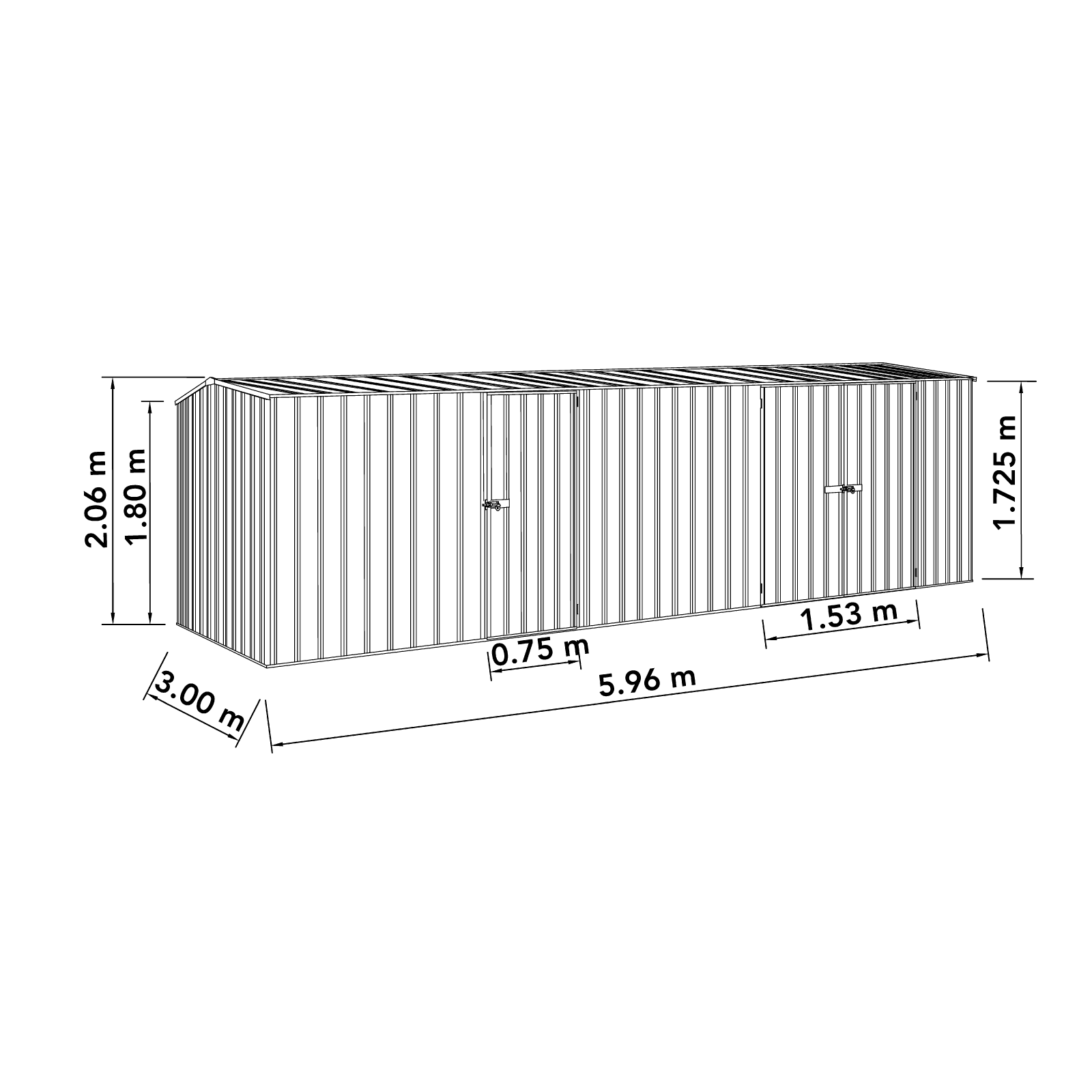 5.96mW x 3.0mD x 2.06mH Garden Shed Workshop Three Door Zincalume