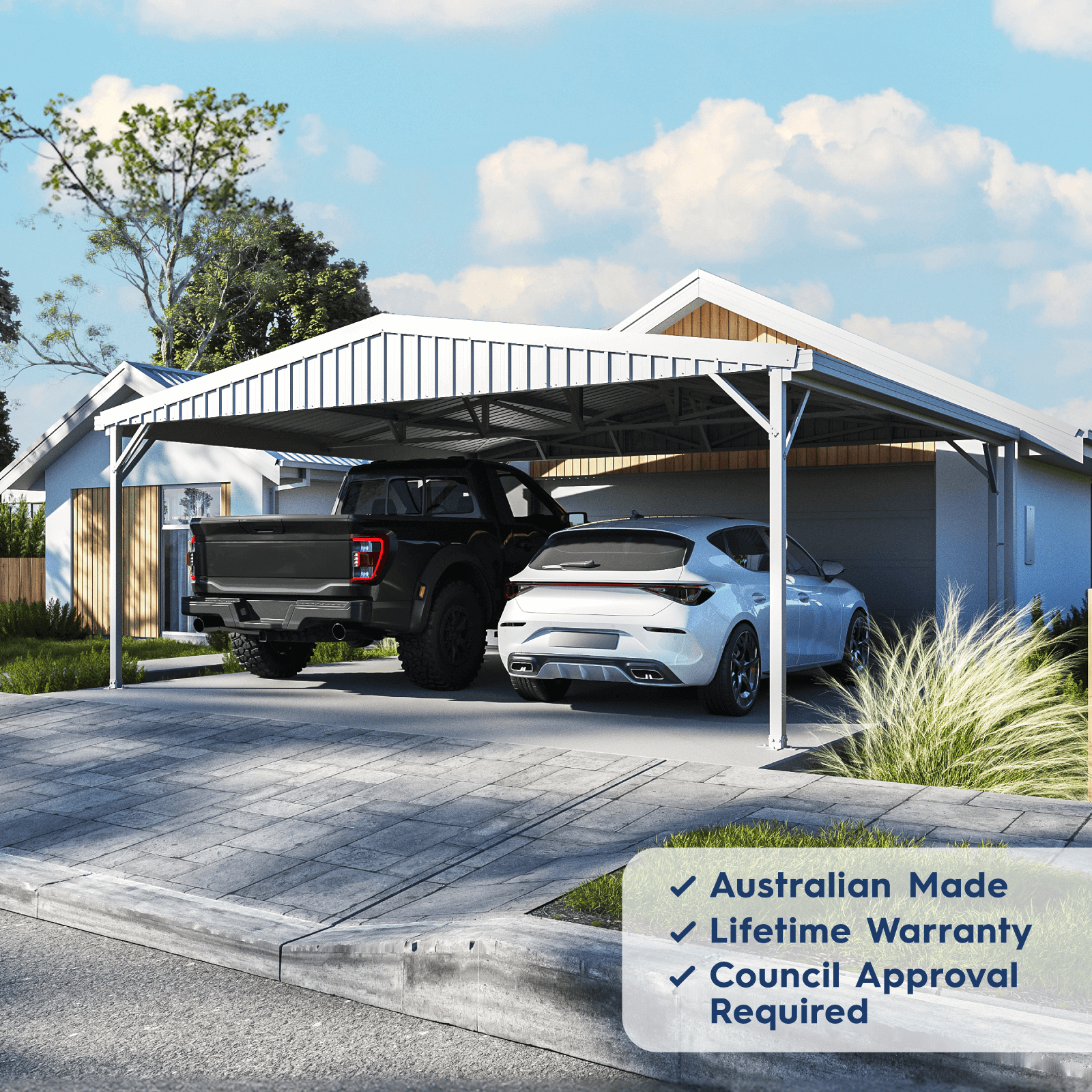 6.00mW x 6.00mD x 2.98mH Double Gable Carport Zincalume