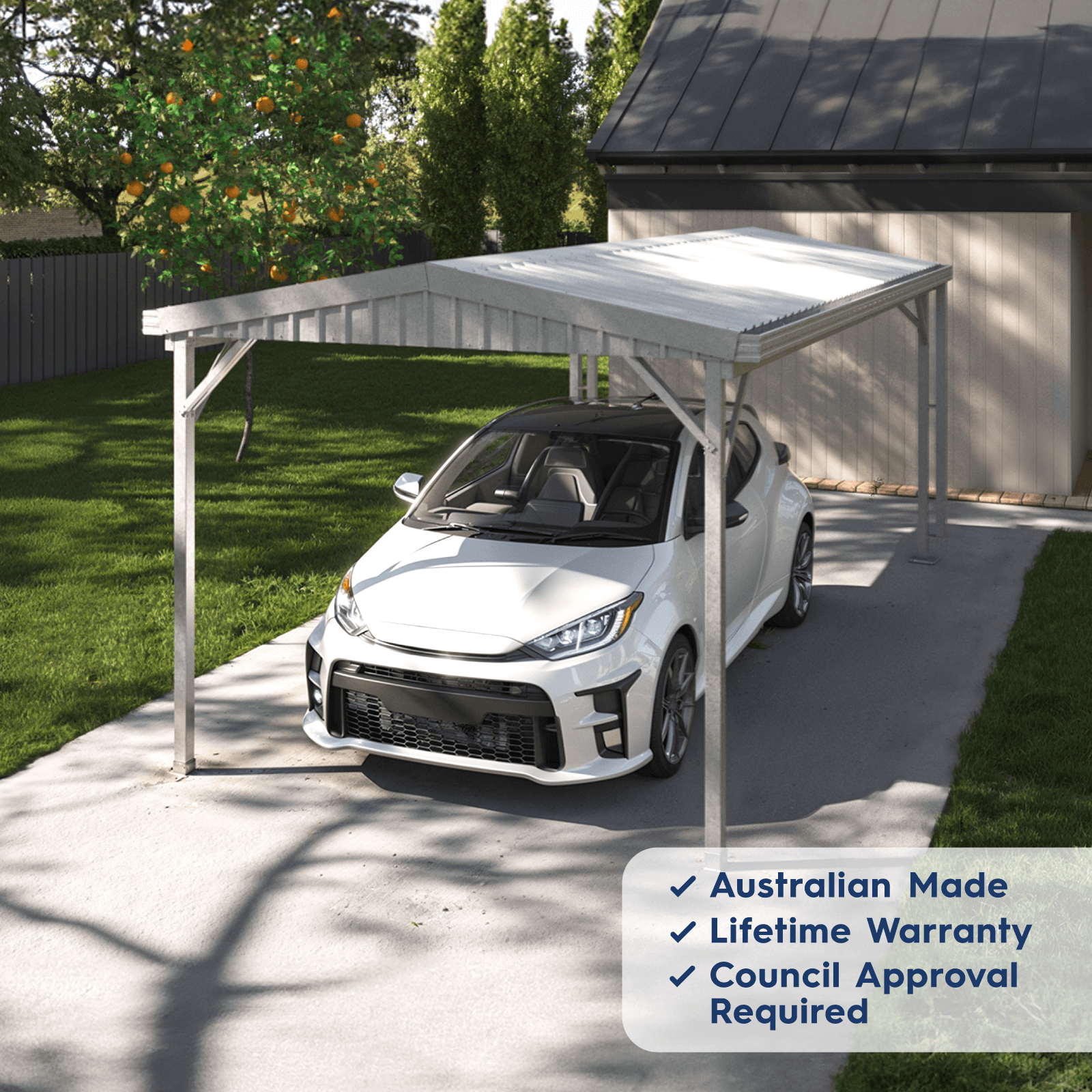 3.00mW x 6.00mD x 2.66mH Single Gable Carport Zincalume