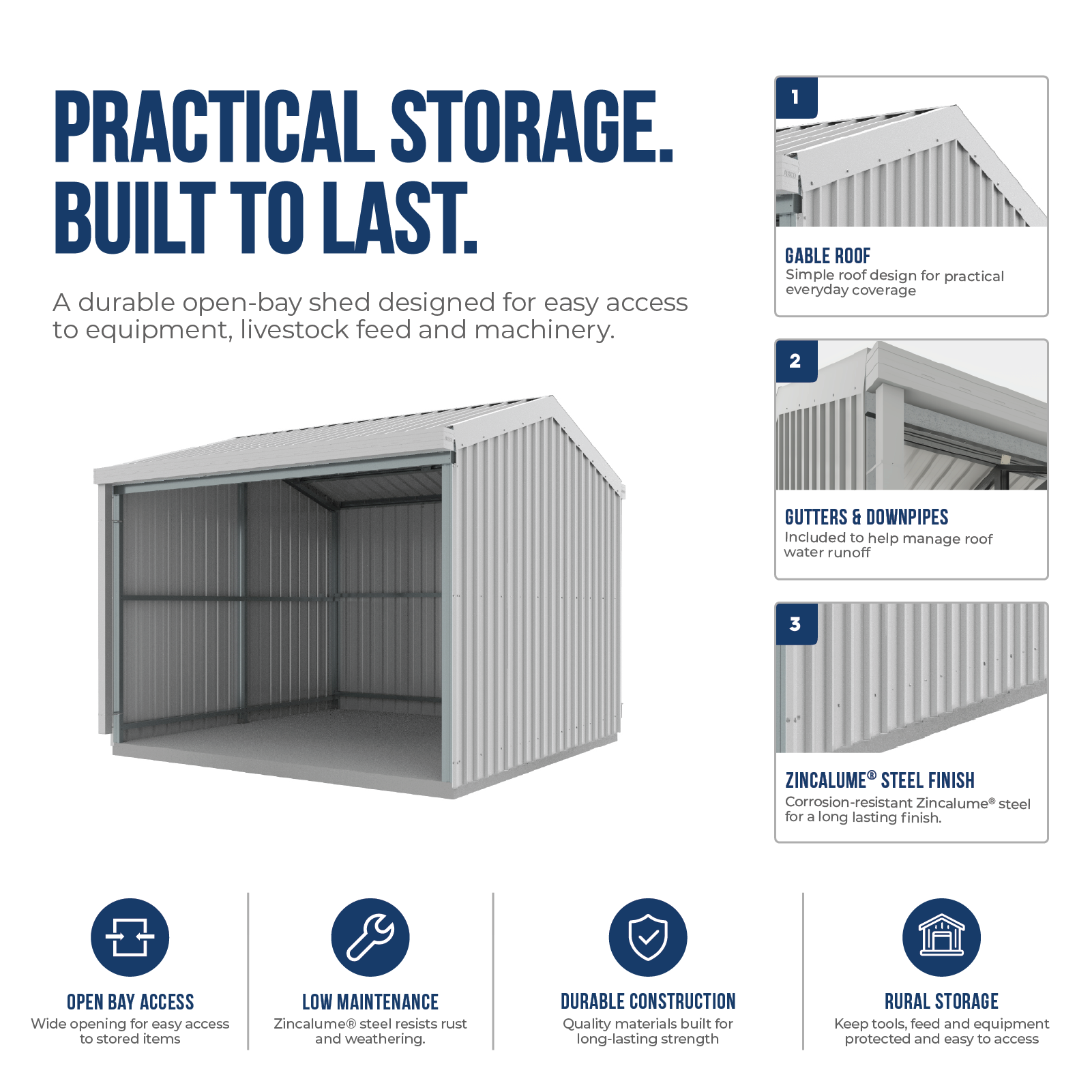 3.00mW x 3.00mD x 2.53mH Rural Shed Open Bay Zincalume